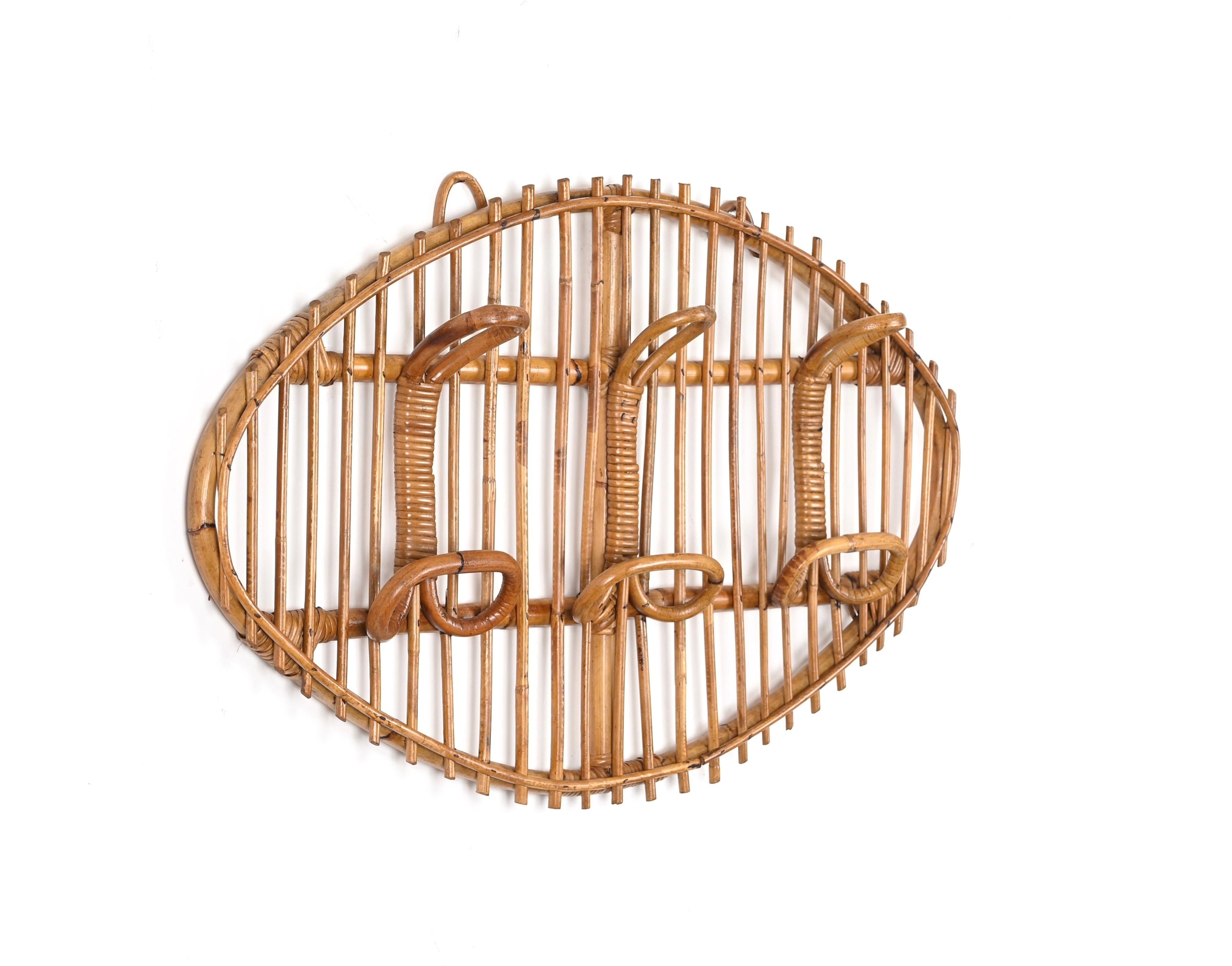Mid-20th Century Midcentury French Riviera Rattan, Wicker, Curved Bamboo Coat Rack, Italy 1960s For Sale