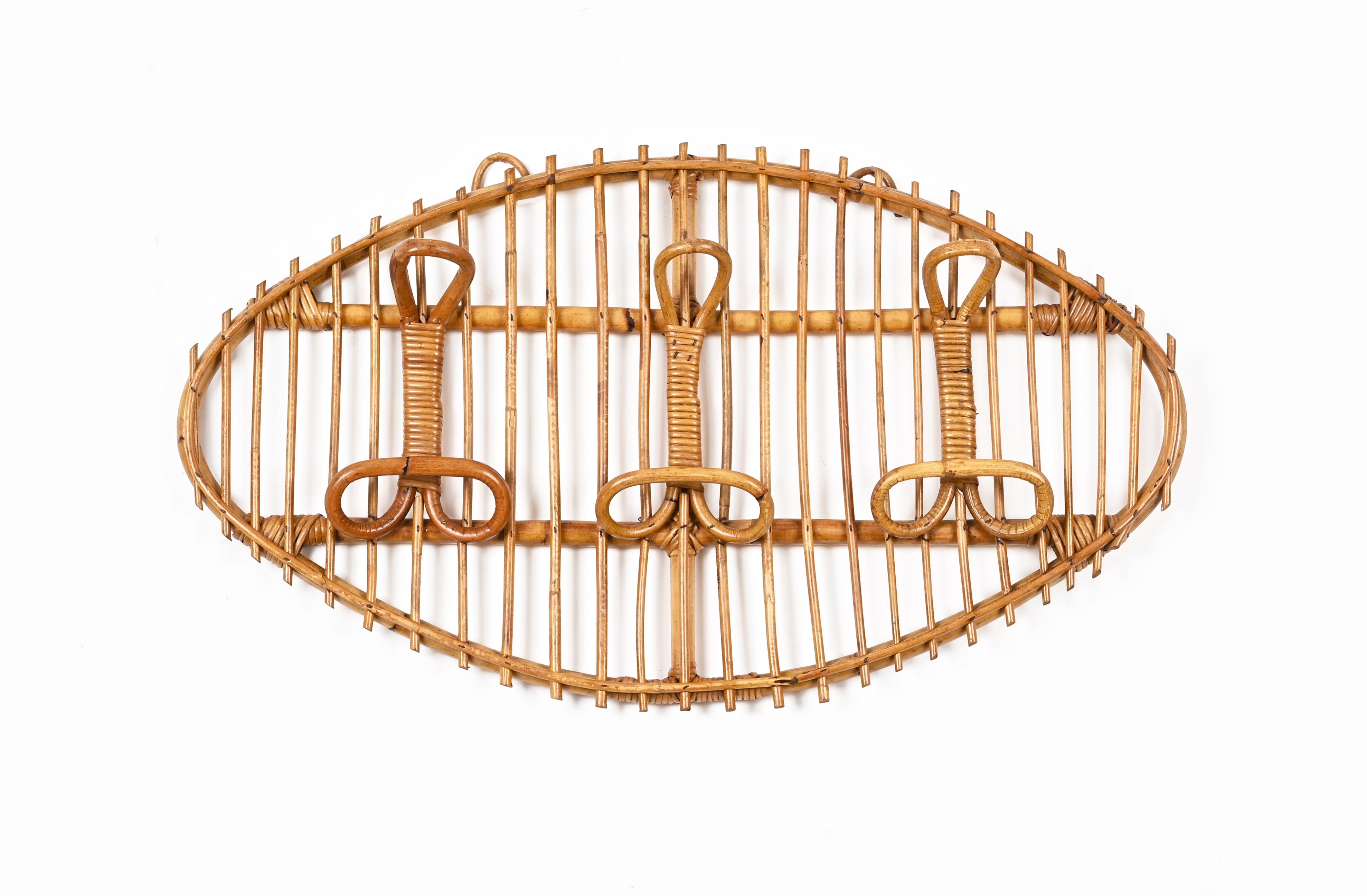 Midcentury French Riviera Rattan, Wicker, Curved Bamboo Coat Rack, Italy 1960s For Sale 2