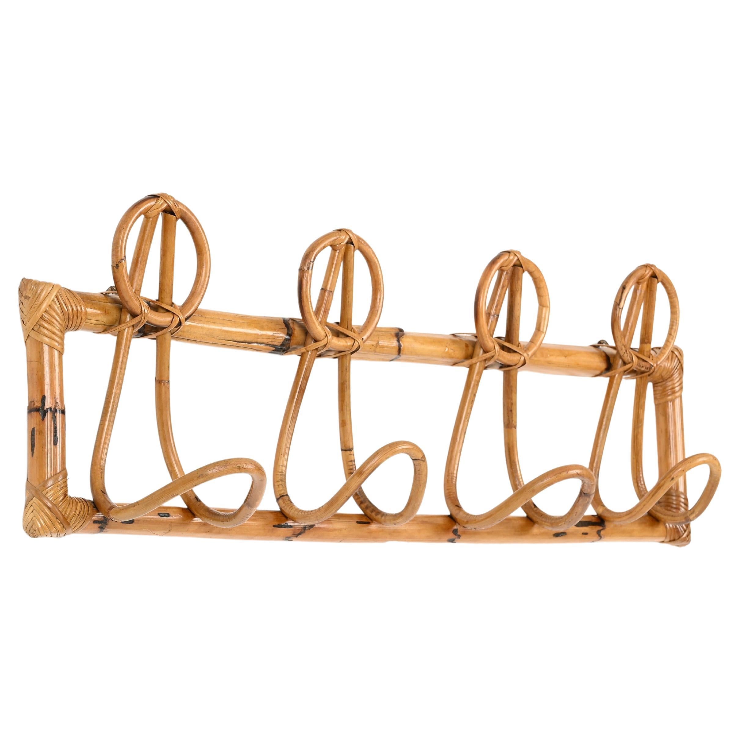 Midcentury French Riviera Rattan, Wicker, Curved Bamboo Coat Rack, Italy 1960s