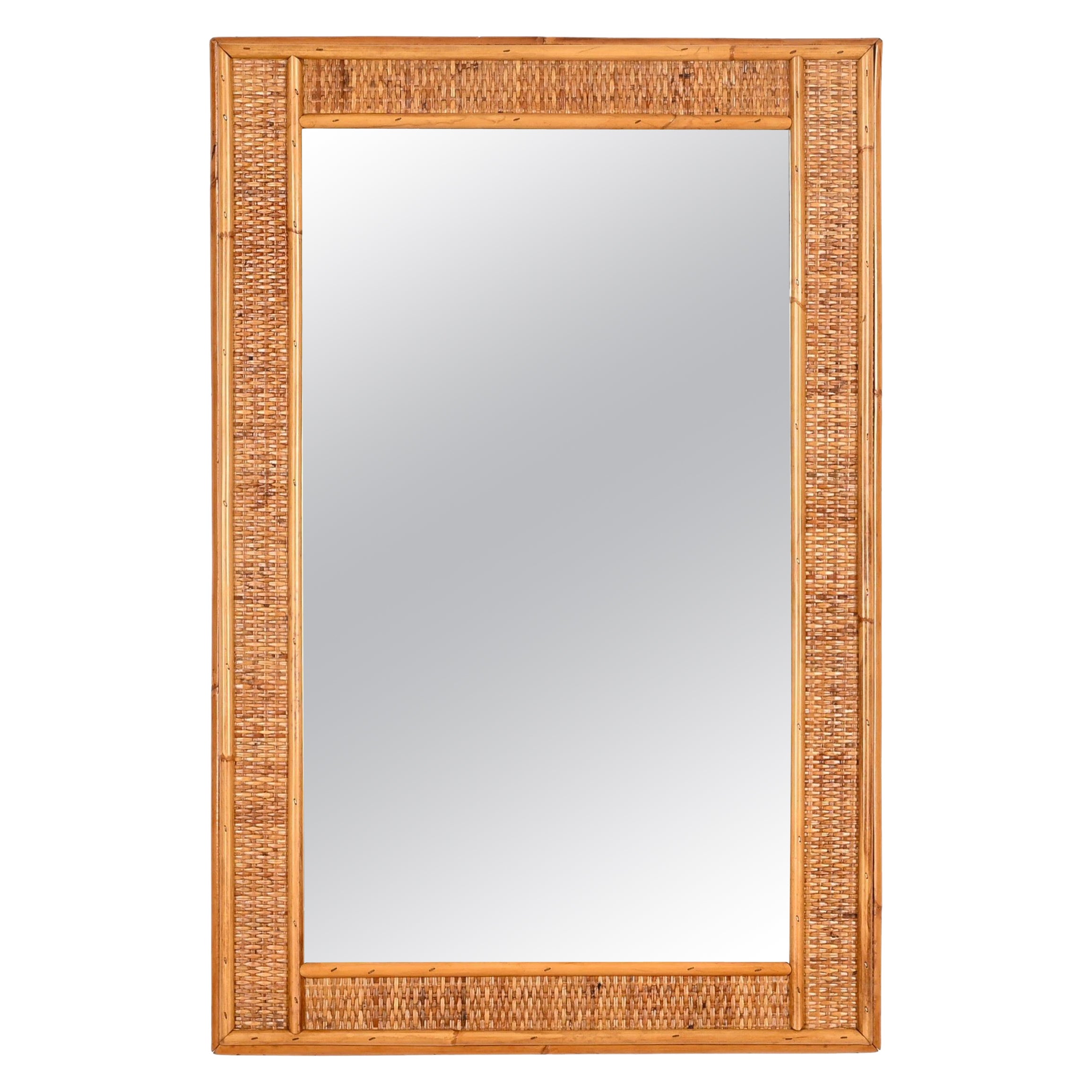 Midcentury French Riviera Rectangular Mirror in Bamboo and Rattan, Italy 1970s