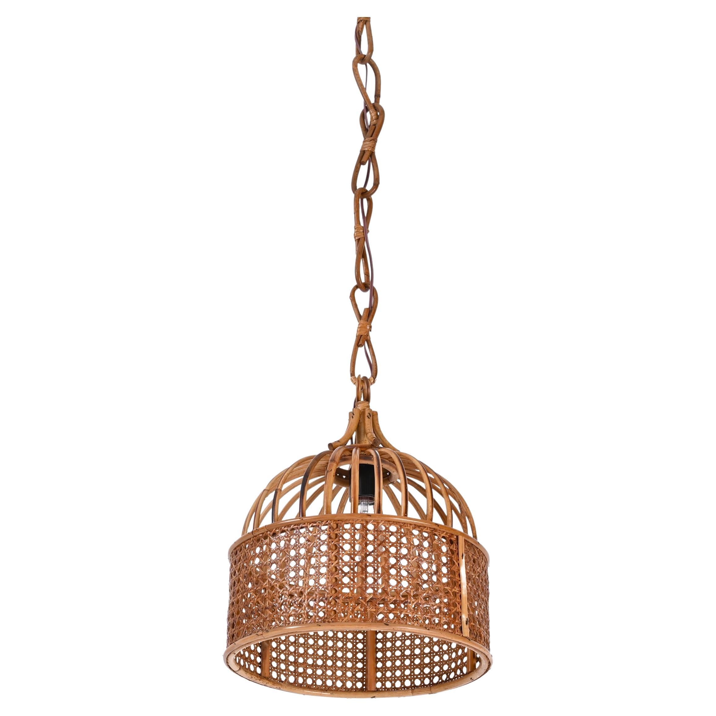 Midcentury French Riviera Round Pendant in Rattan and Wicker, Italy 1970s For Sale