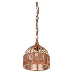 Midcentury French Riviera Round Pendant in Rattan and Wicker, Italy 1970s
