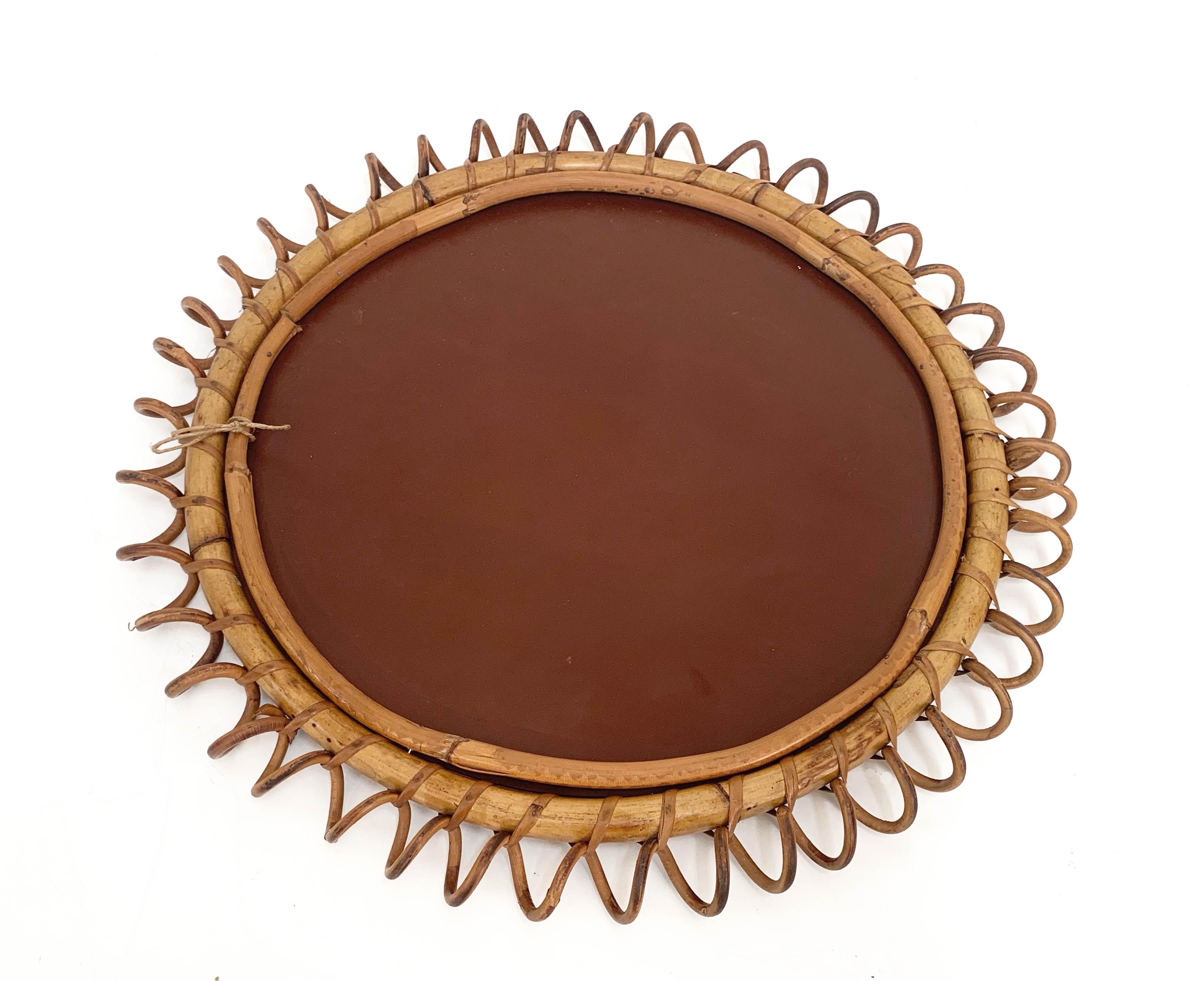 Midcentury French Riviera Round Rattan and Glass Italian Wall Mirror, 1970s 5