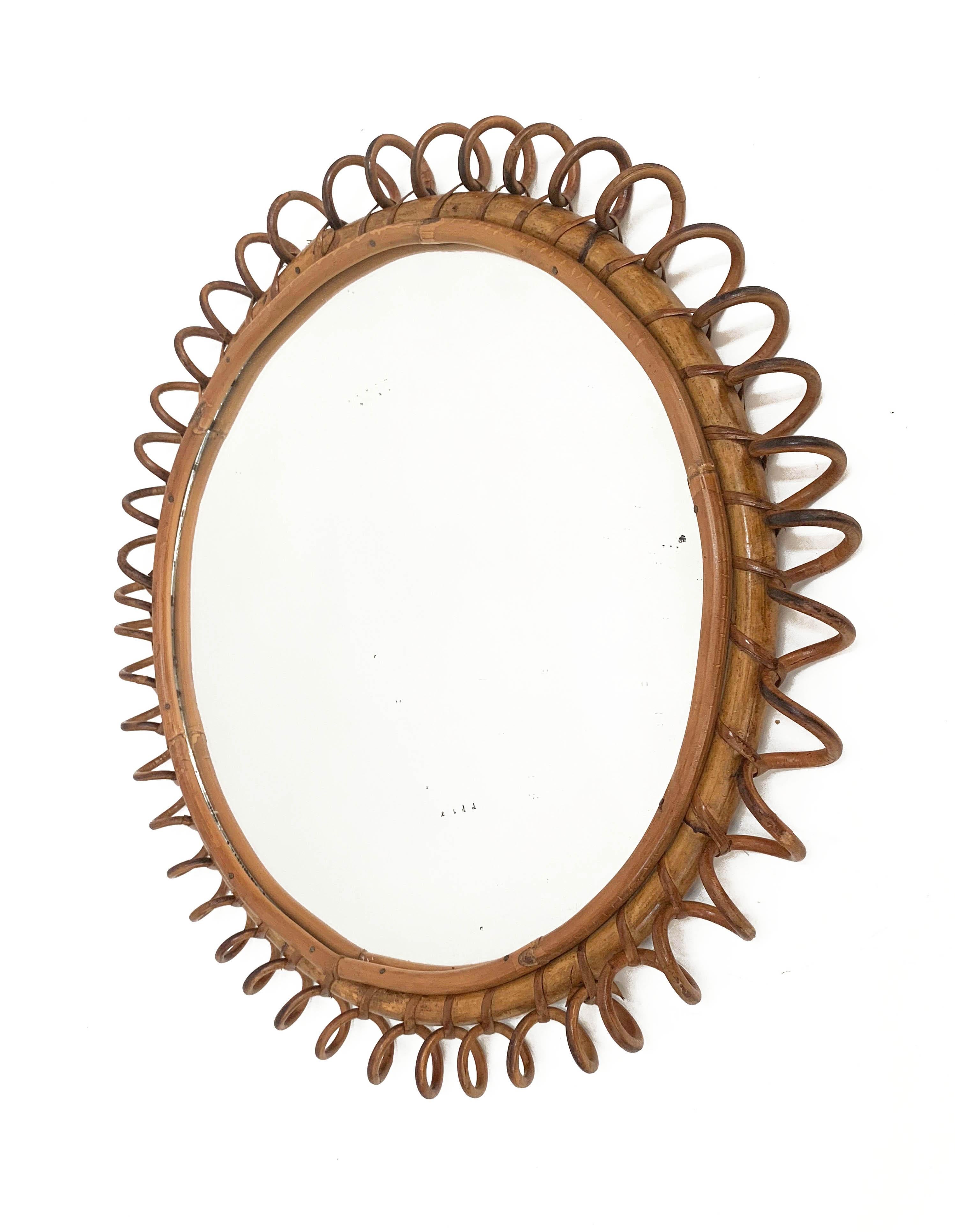 Midcentury French Riviera Round Rattan and Glass Italian Wall Mirror, 1970s 7