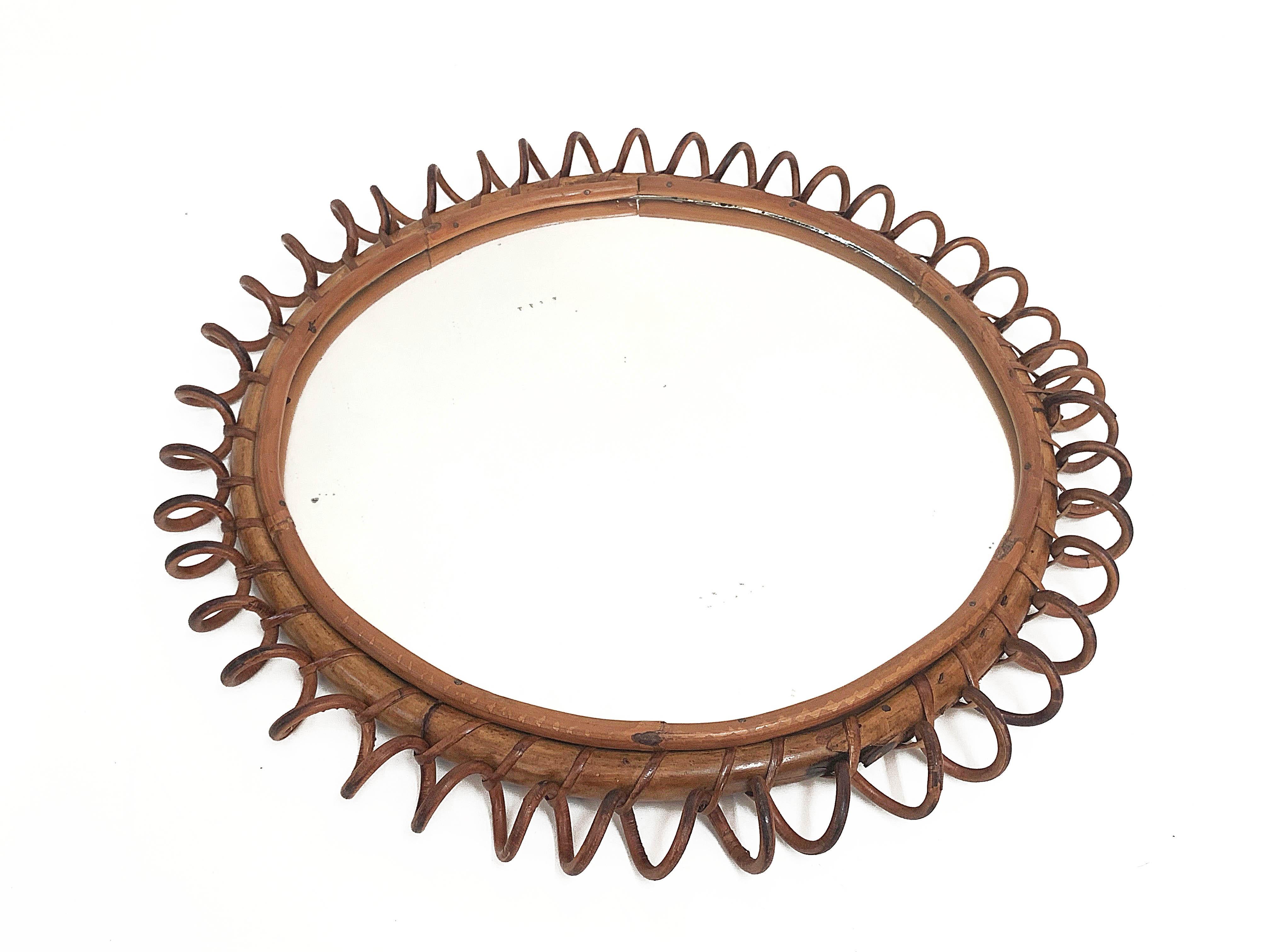 Late 20th Century Midcentury French Riviera Round Rattan and Glass Italian Wall Mirror, 1970s