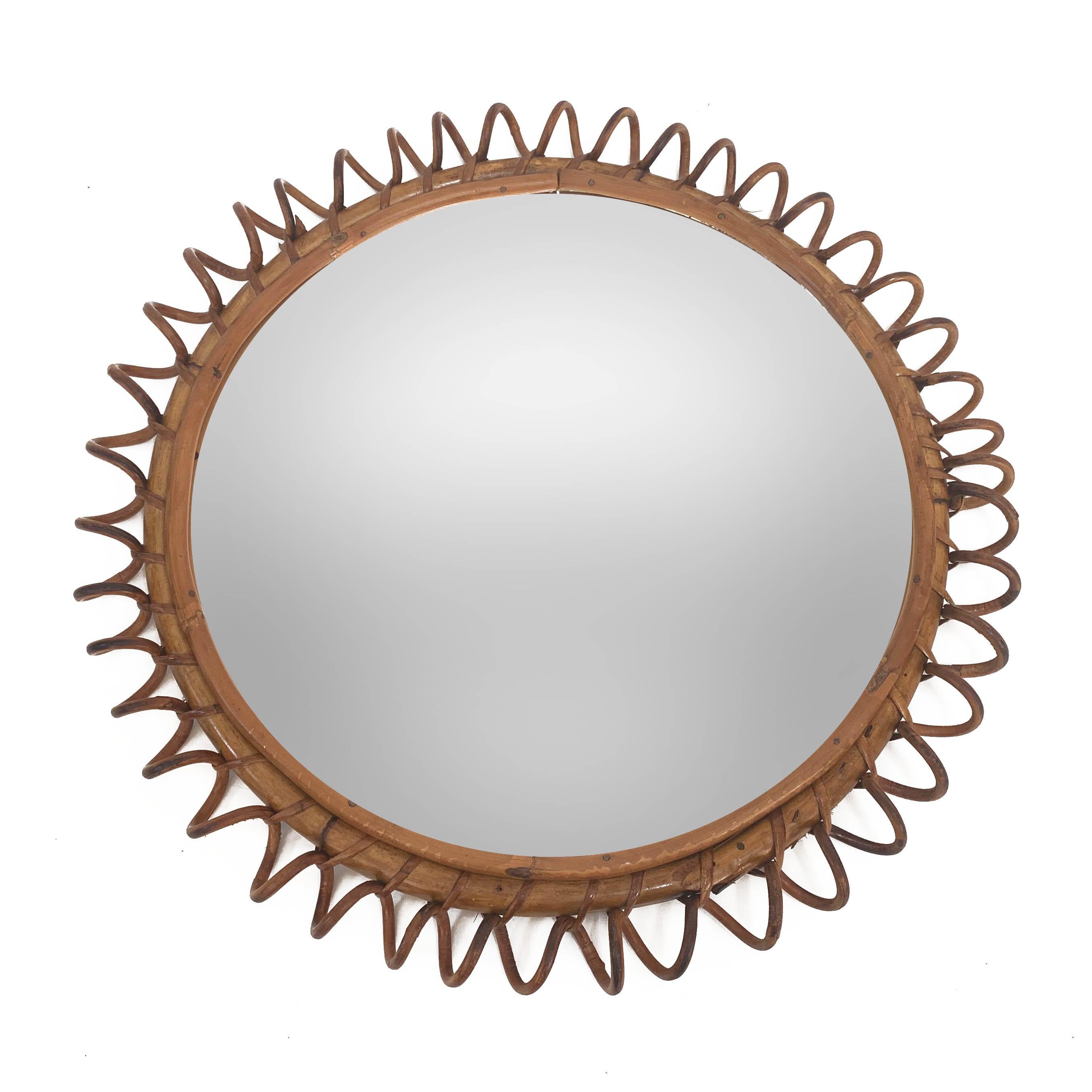 Midcentury French Riviera Round Rattan and Glass Italian Wall Mirror, 1970s 1