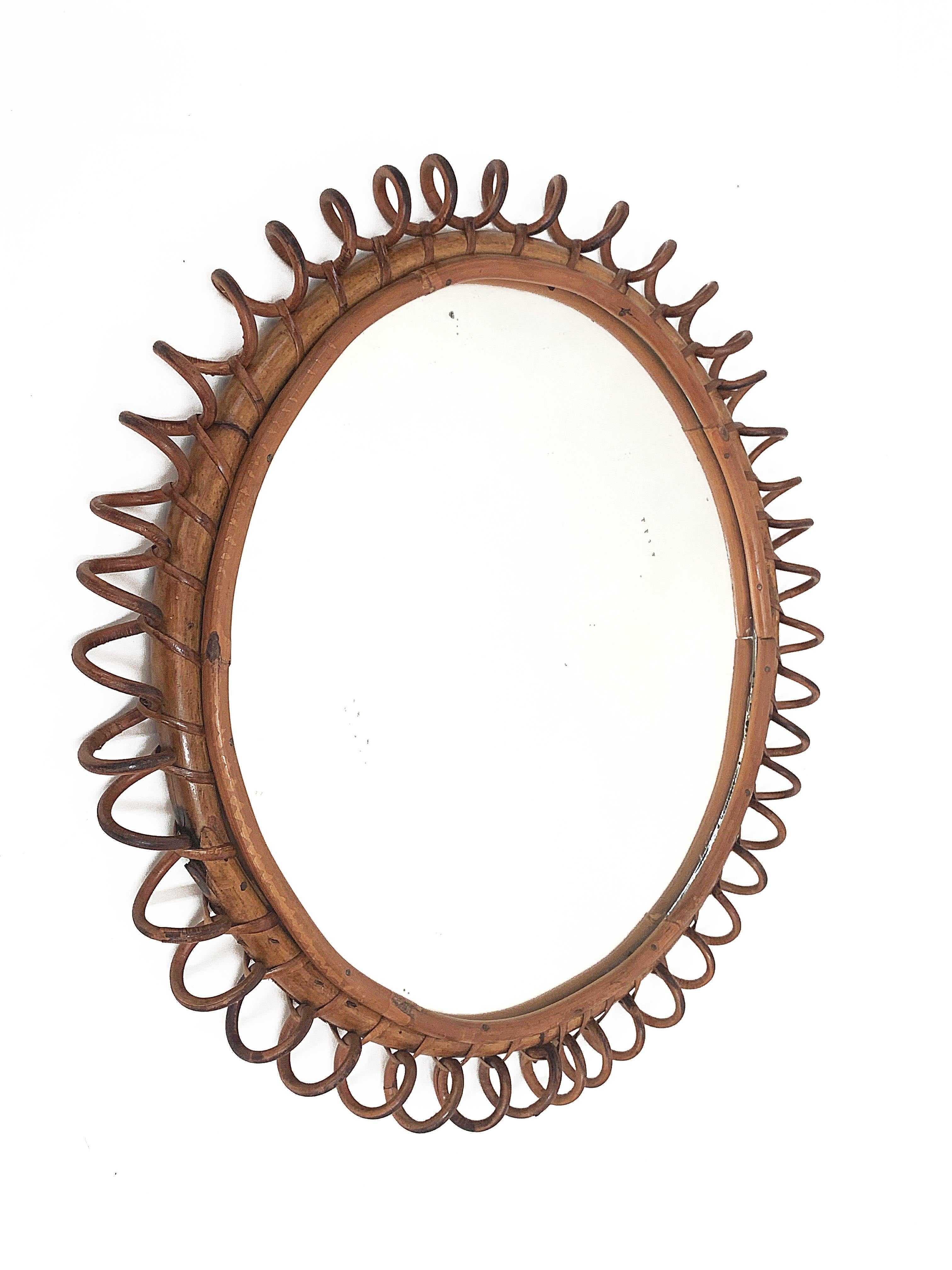 Midcentury French Riviera Round Rattan and Glass Italian Wall Mirror, 1970s 2