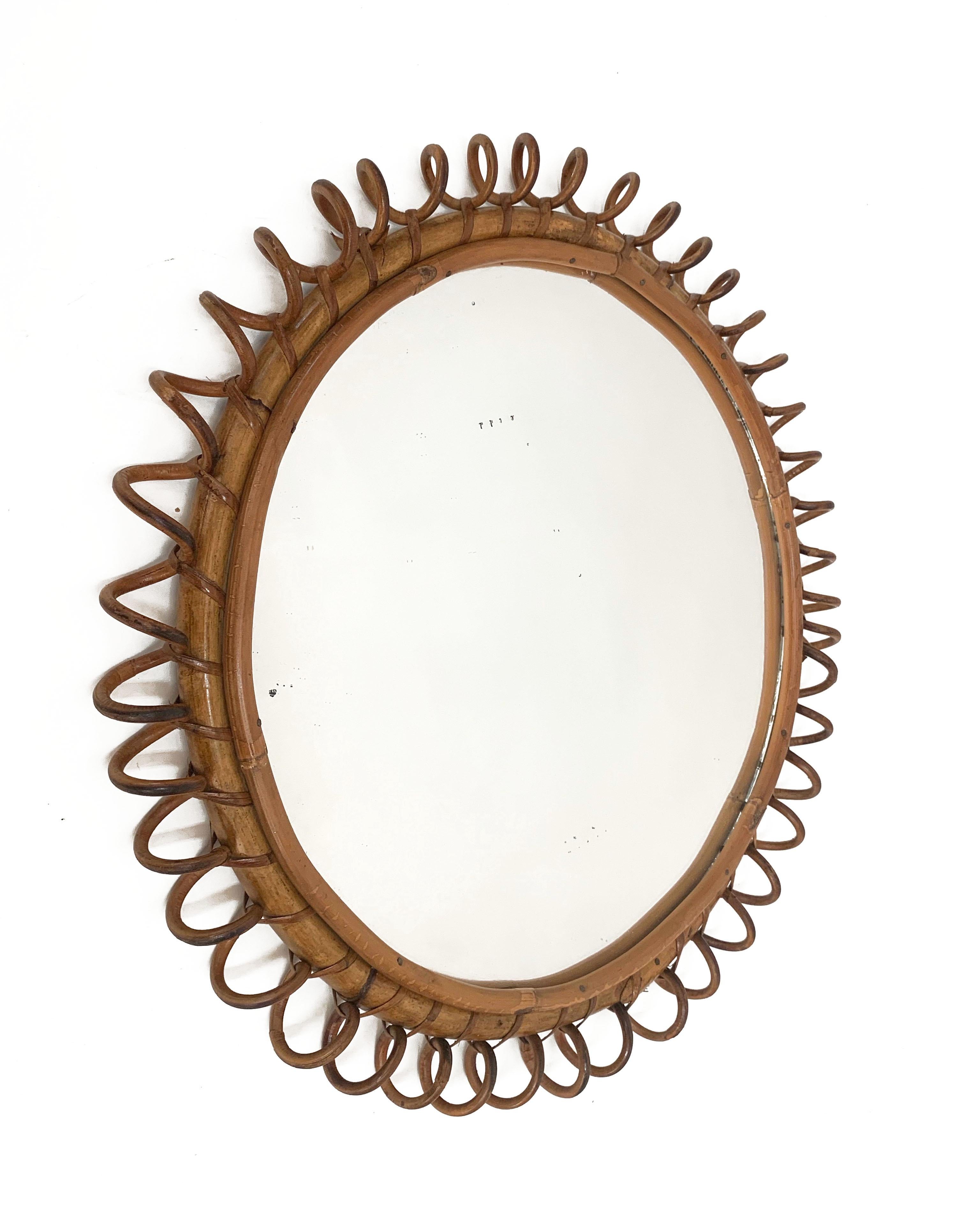 Midcentury French Riviera Round Rattan and Glass Italian Wall Mirror, 1970s 4