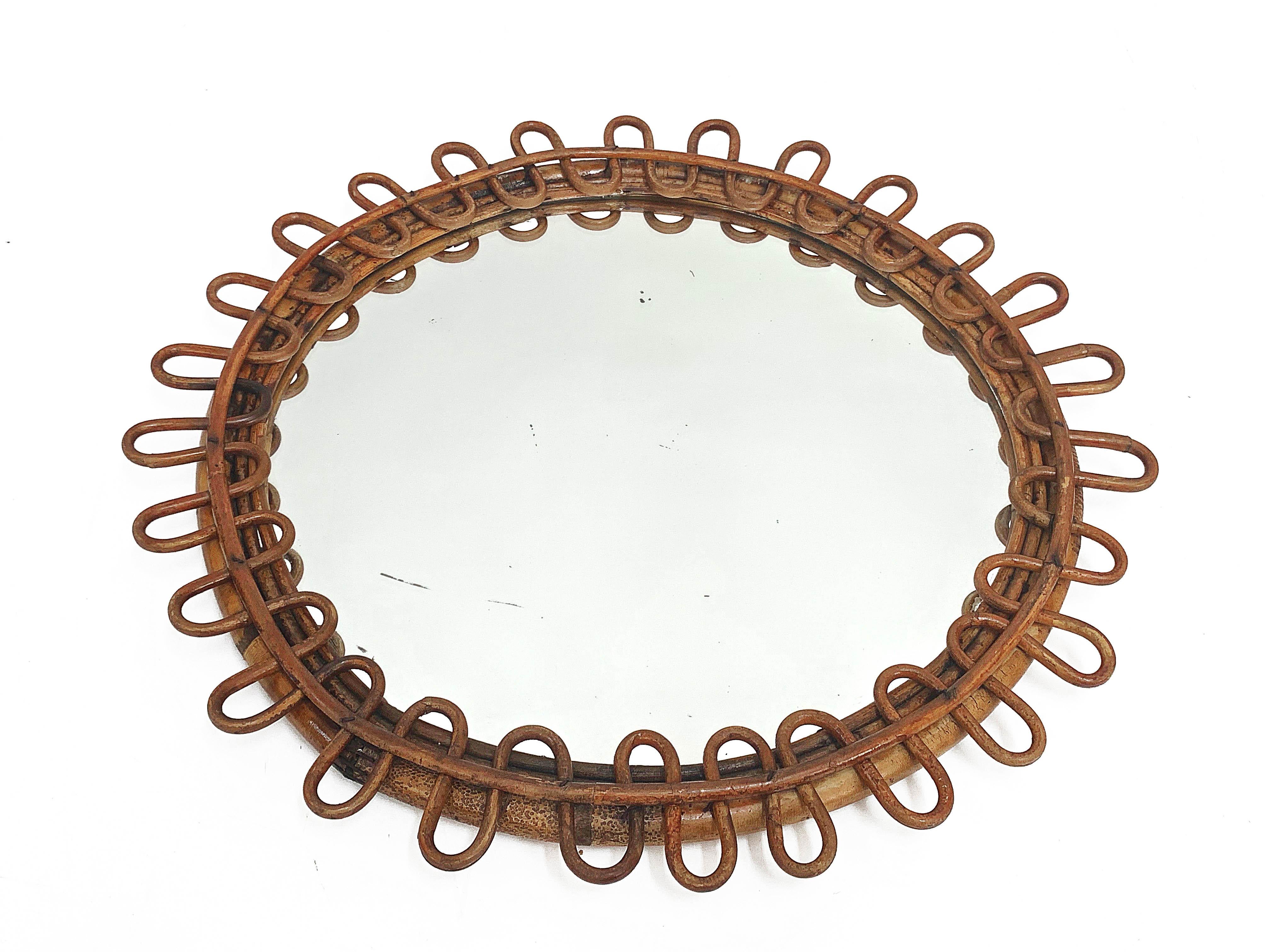 Mid-Century Modern Midcentury French Riviera Round Rattan Italian Wall Mirror, 1970s