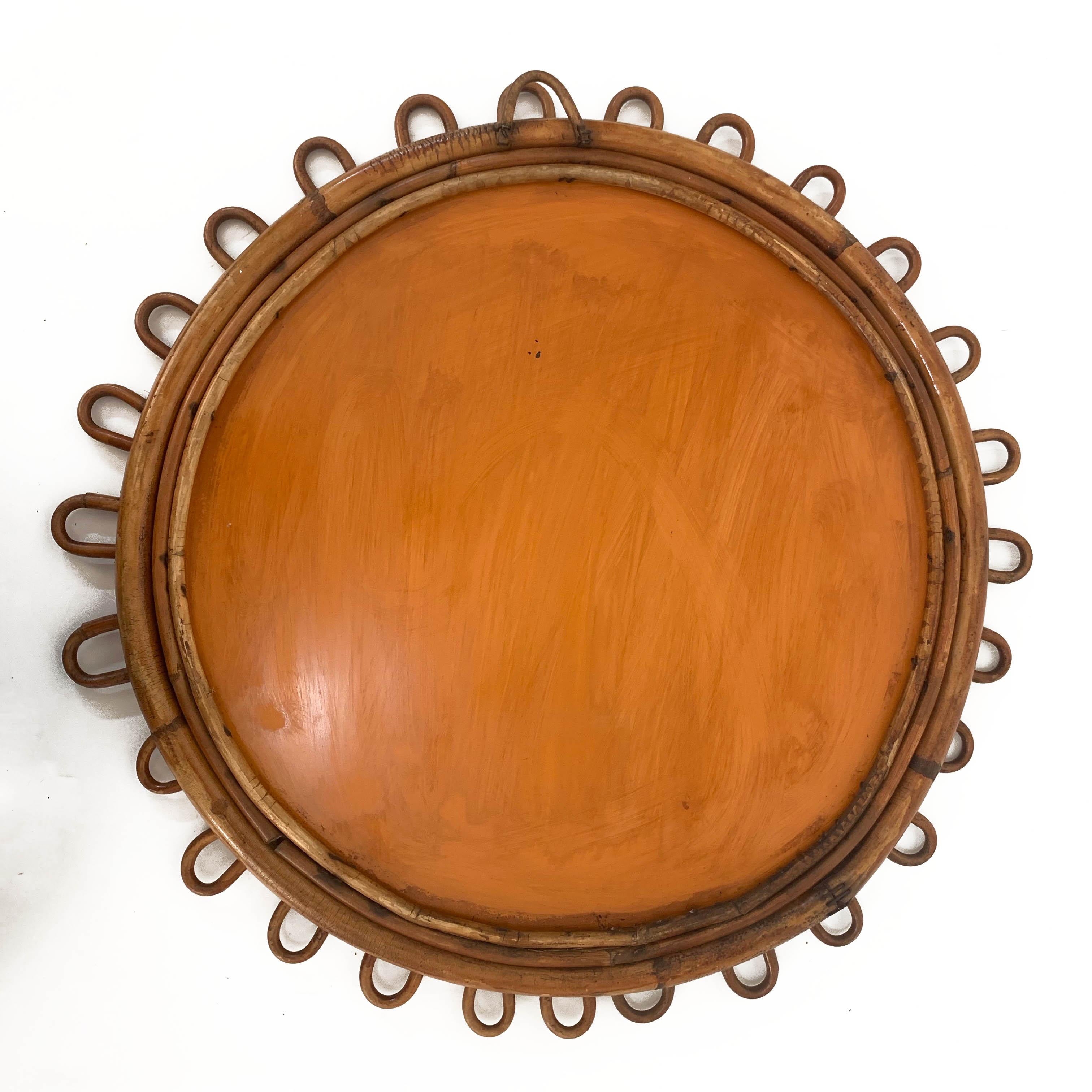 Midcentury French Riviera Round Rattan Italian Wall Mirror, 1970s 3