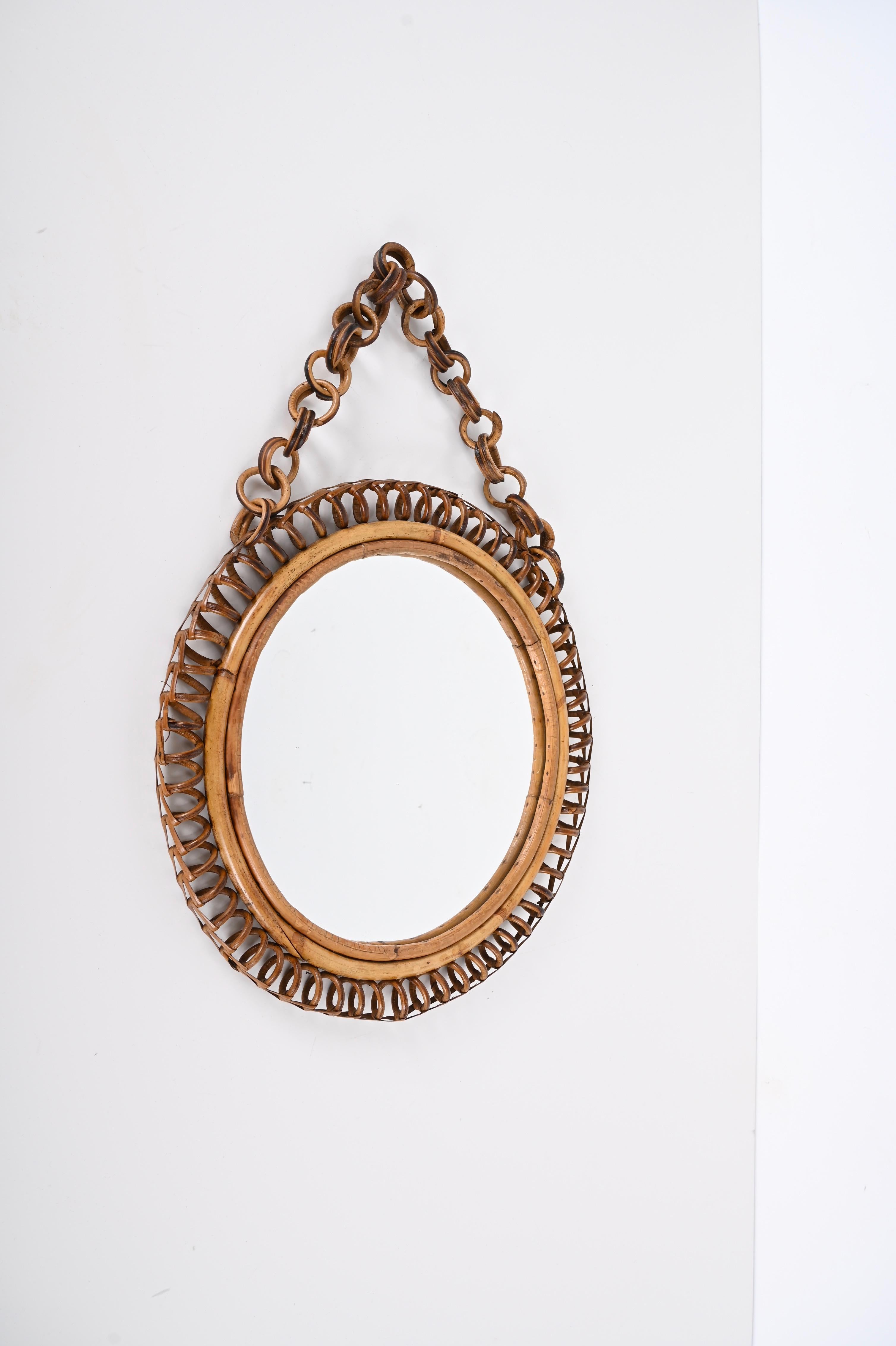 Midcentury French Riviera Round Rattan Wall Mirror, Franco Albini, Italy, 1960s 2