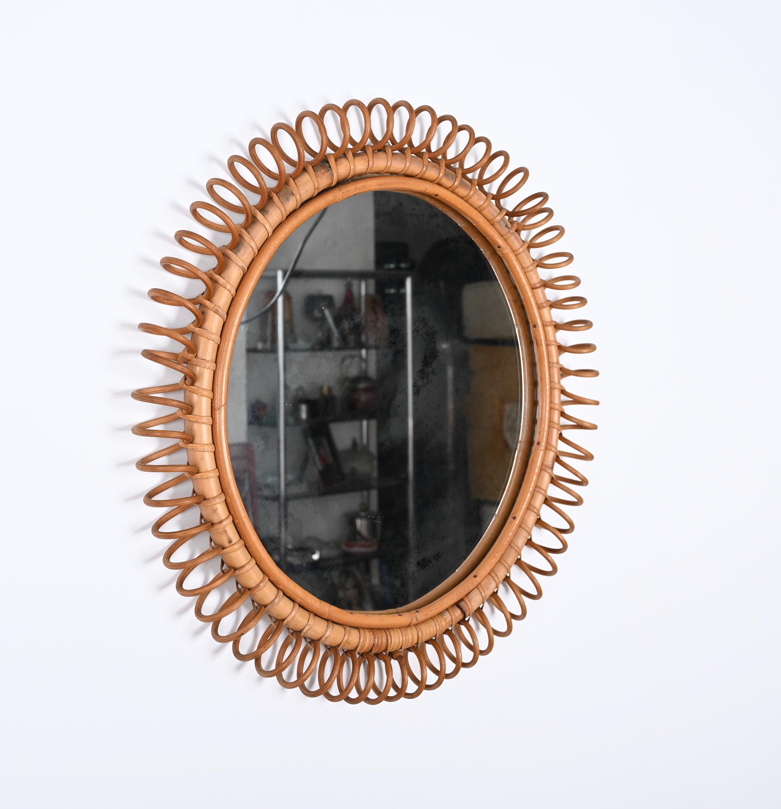 Midcentury French Riviera Round Rattan Wall Mirror, Franco Albini, Italy 1960s 5