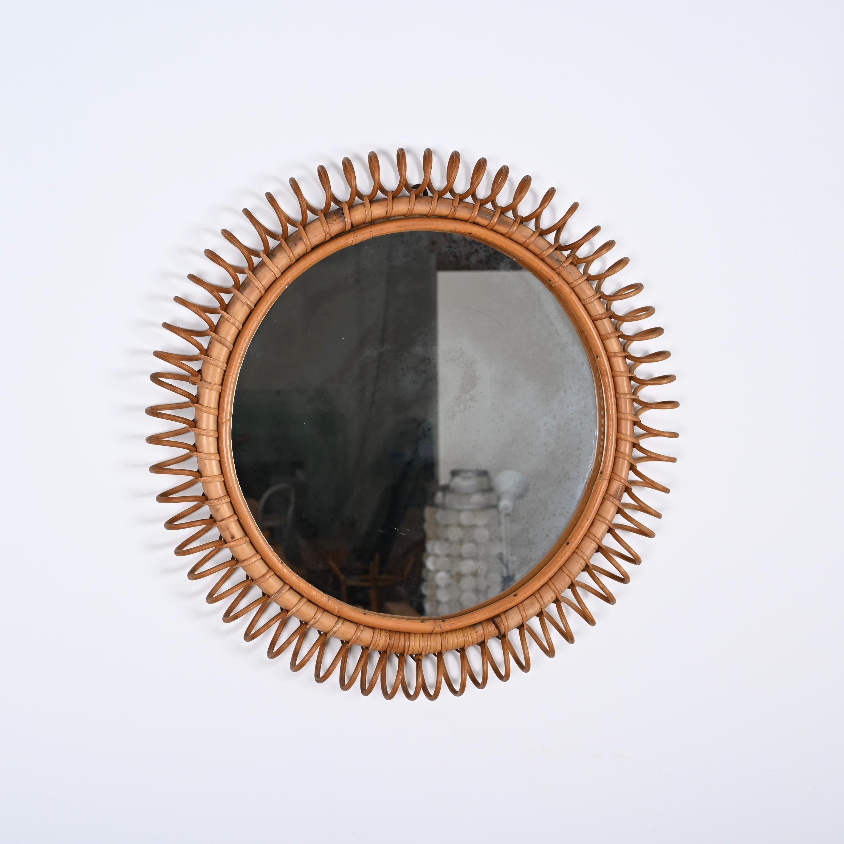 Midcentury French Riviera Round Rattan Wall Mirror, Franco Albini, Italy 1960s 6