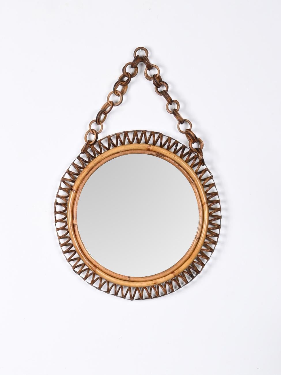 Midcentury French Riviera Round Rattan Wall Mirror, Franco Albini, Italy, 1960s 6