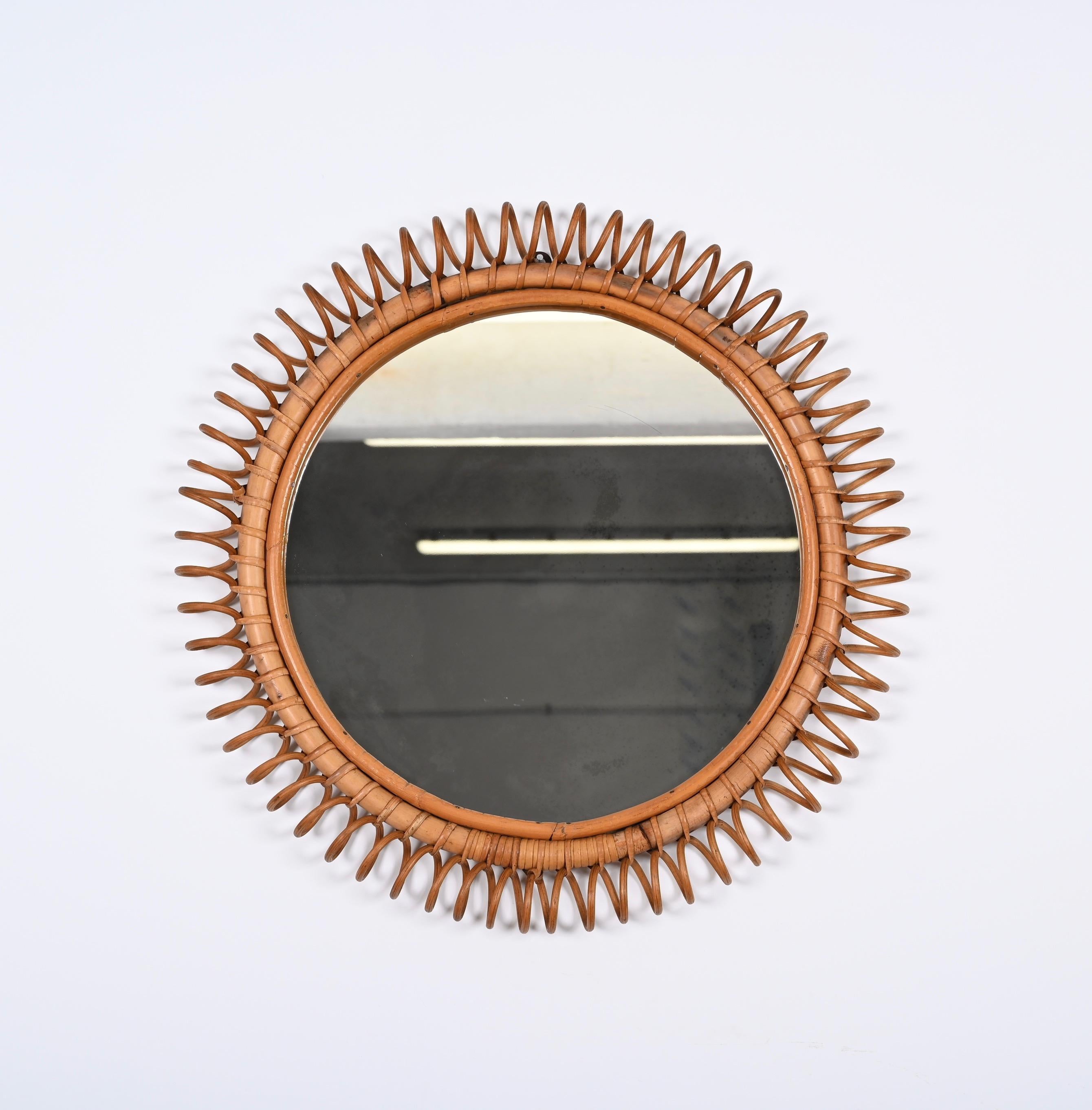 Italian Midcentury French Riviera Round Rattan Wall Mirror, Franco Albini, Italy 1960s