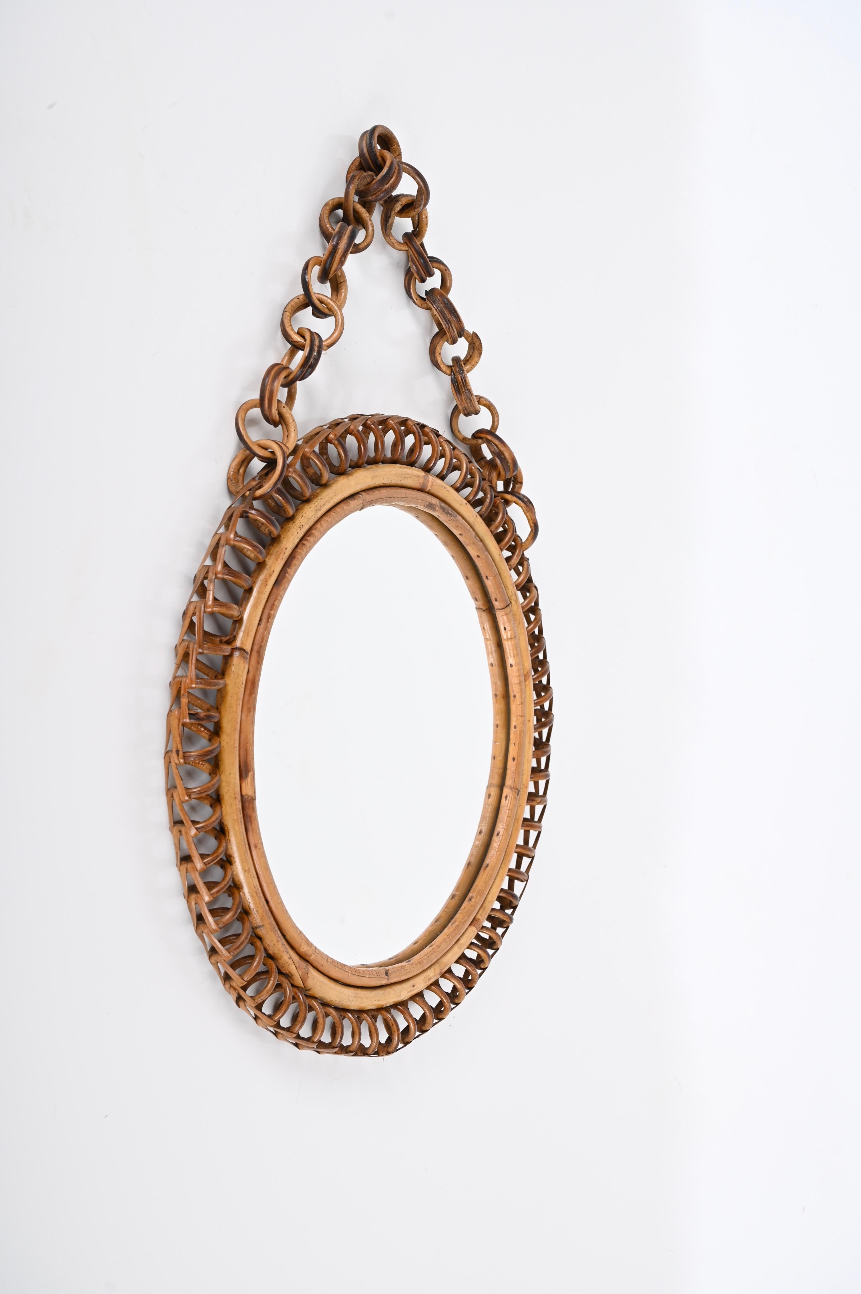 Hand-Crafted Midcentury French Riviera Round Rattan Wall Mirror, Franco Albini, Italy, 1960s