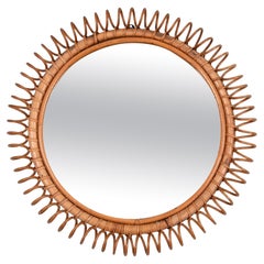 Midcentury French Riviera Round Rattan Wall Mirror, Franco Albini, Italy 1960s