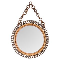 Midcentury French Riviera Round Rattan Wall Mirror, Franco Albini, Italy, 1960s