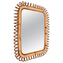 Midcentury French Riviera Round Rattan Wall Mirror, Franco Albini, Italy, 1960s