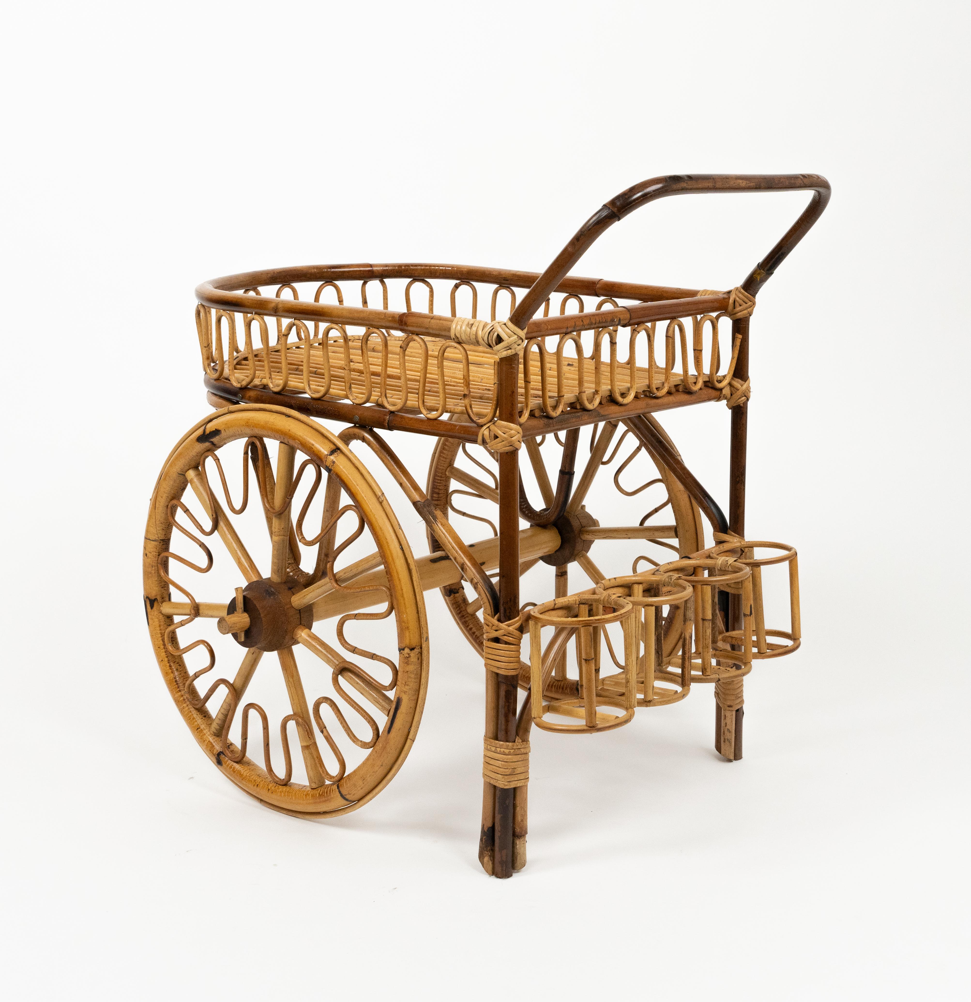 Carrello da bar di metà secolo in bambù e rattan, Italia 1950 in vendita 4