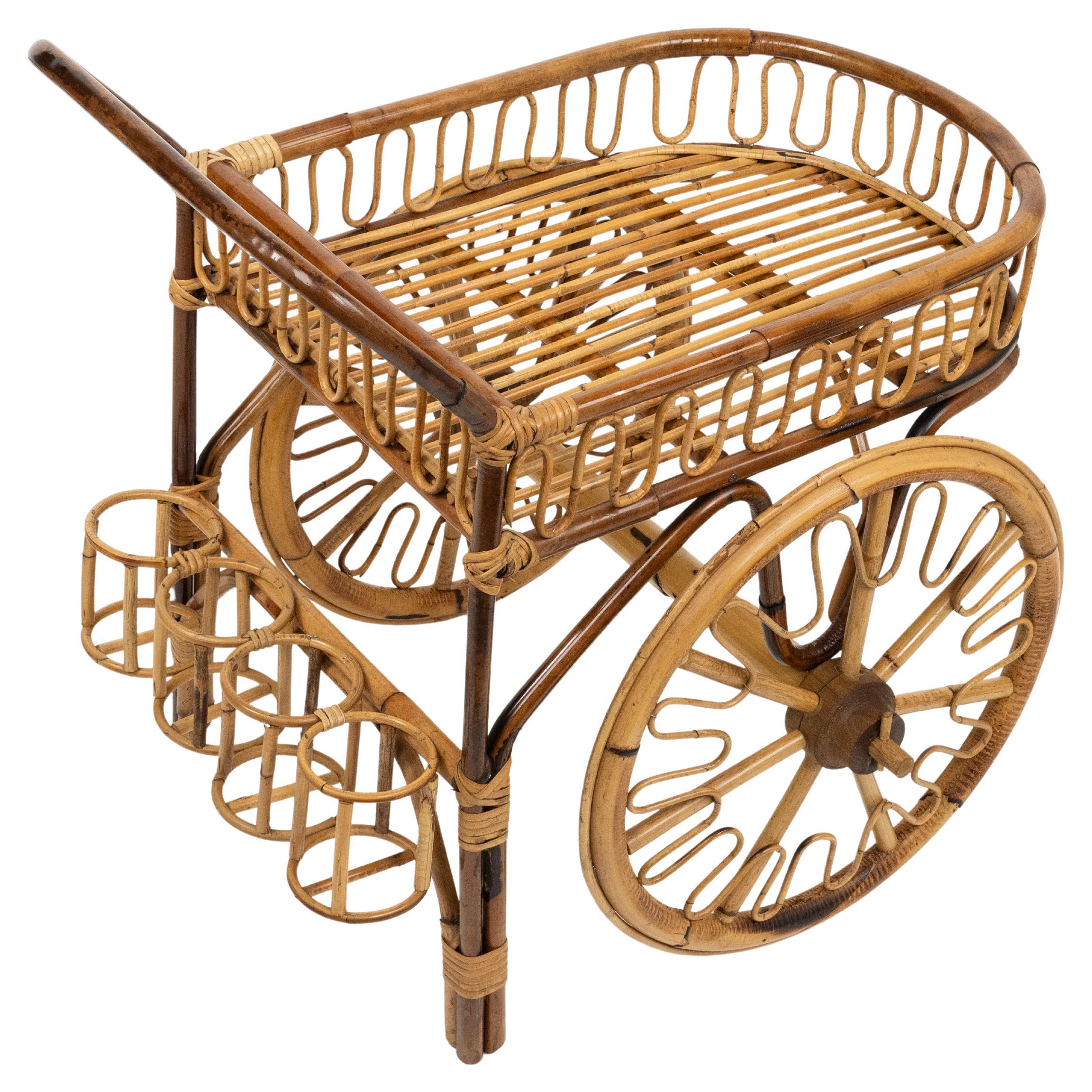 Carrello da bar di metà secolo in bambù e rattan, Italia 1950 in vendita 12