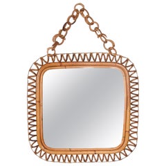 Midcentury French Riviera Spiral Bamboo and Rattan Italian Square Mirror, 1960s