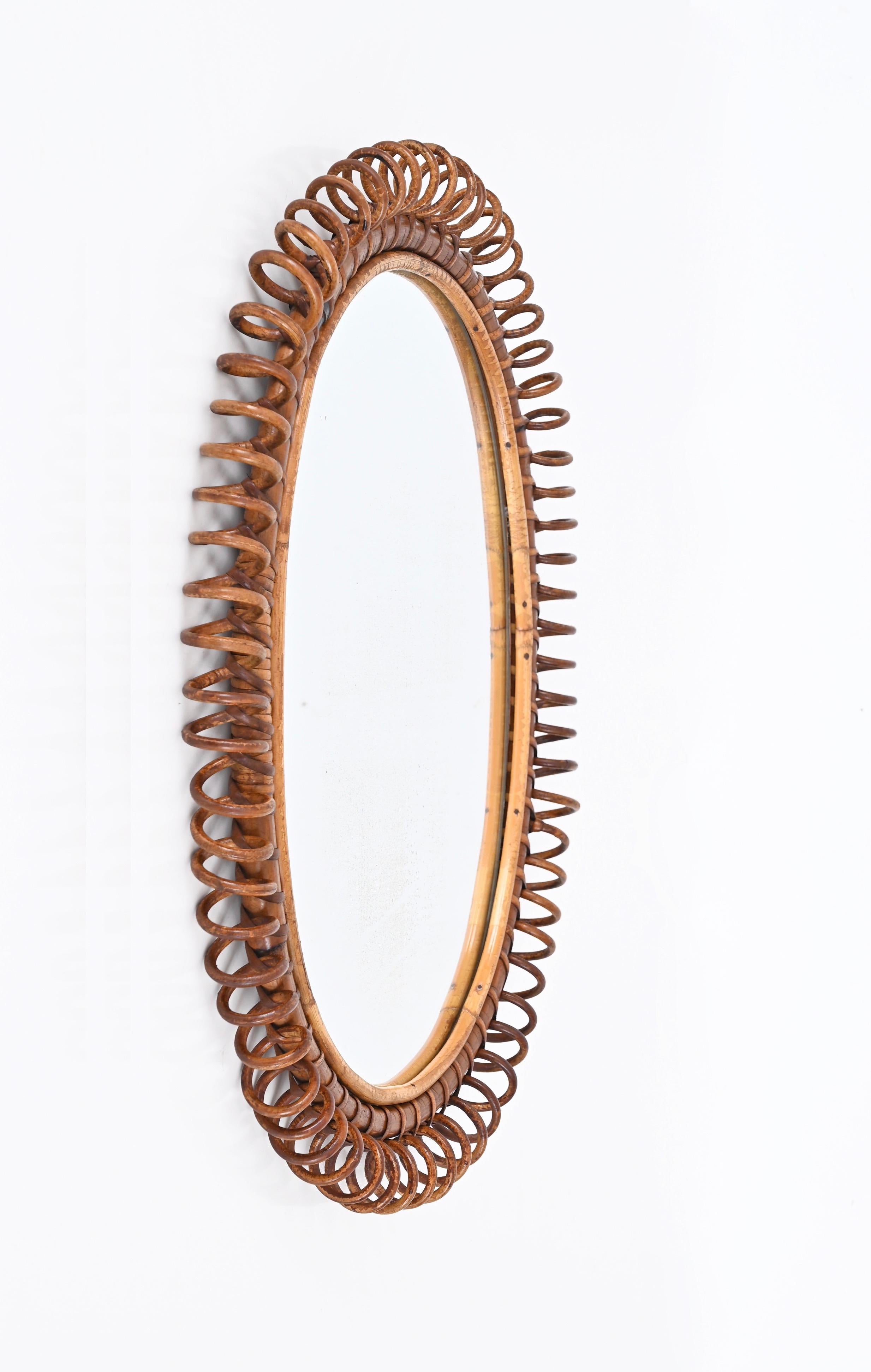 Midcentury French Riviera Spiral Rattan and Bamboo Oval Mirror, Italy 1960s 5