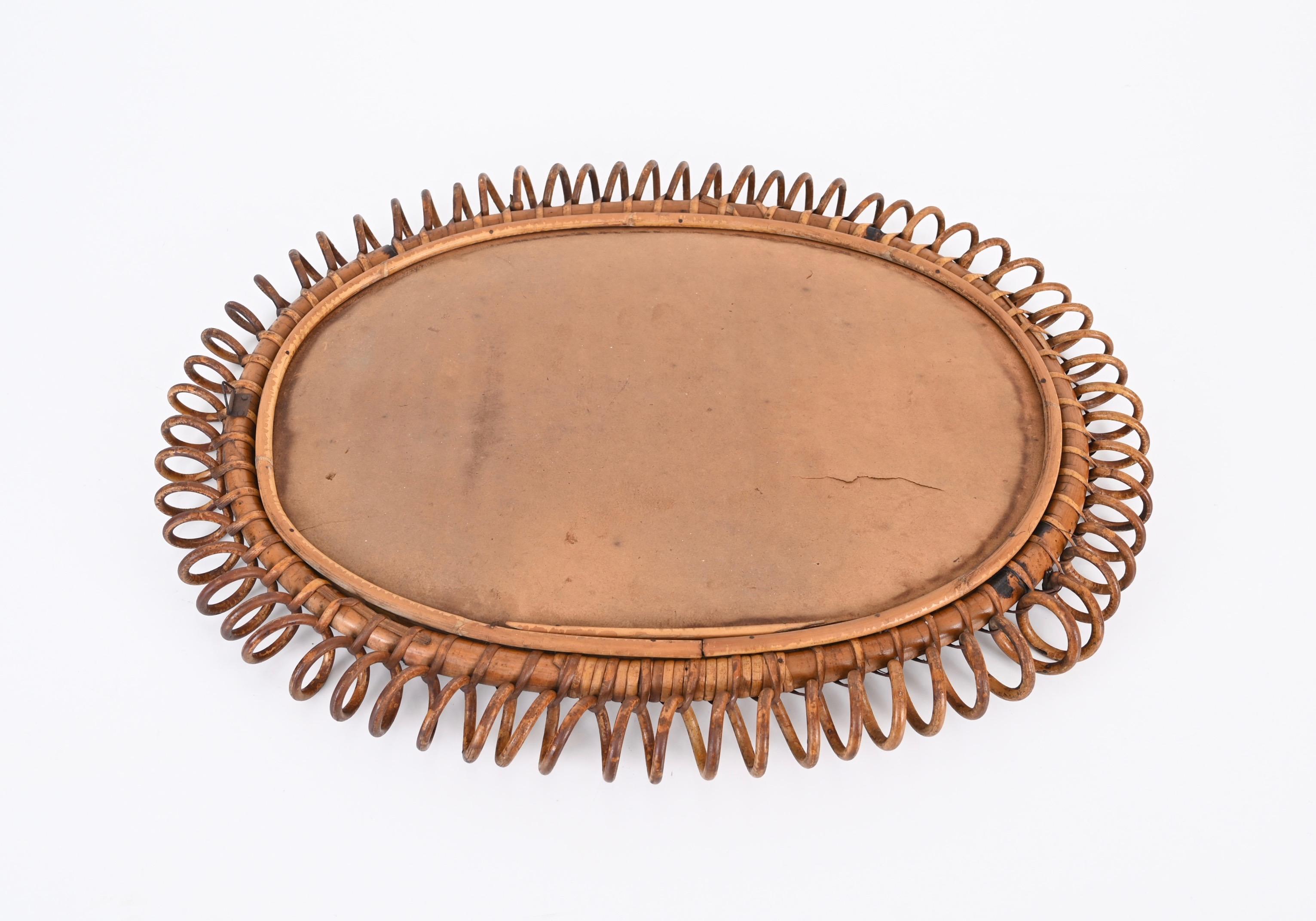 Midcentury French Riviera Spiral Rattan and Bamboo Oval Mirror, Italy 1960s 6