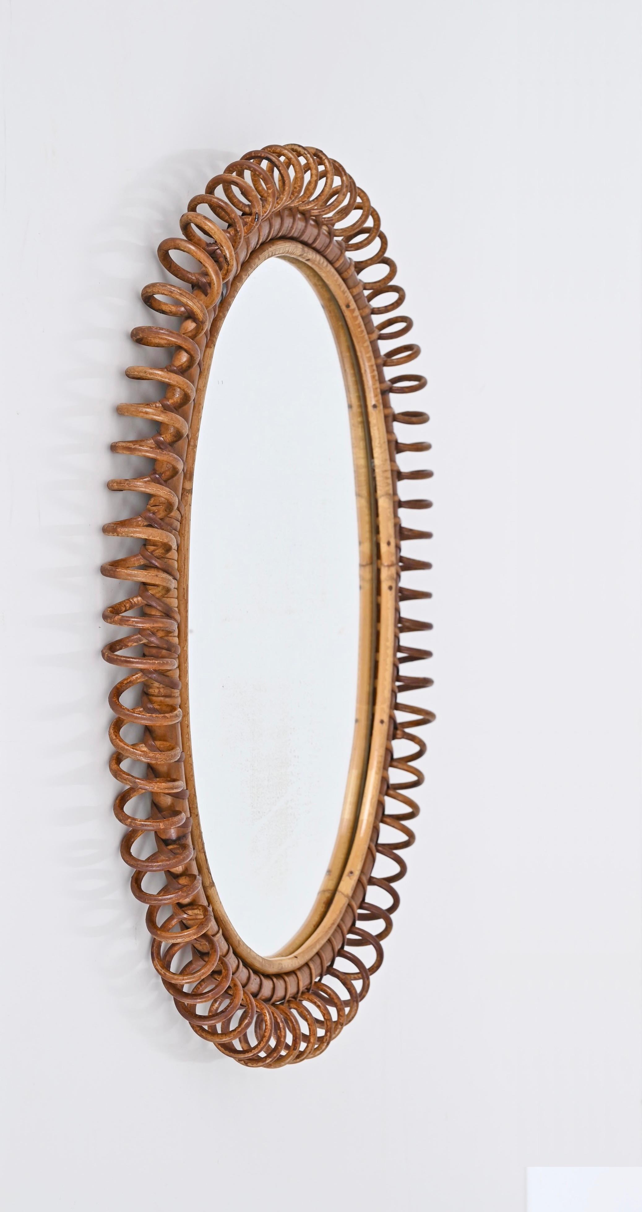 Midcentury French Riviera Spiral Rattan and Bamboo Oval Mirror, Italy 1960s 7