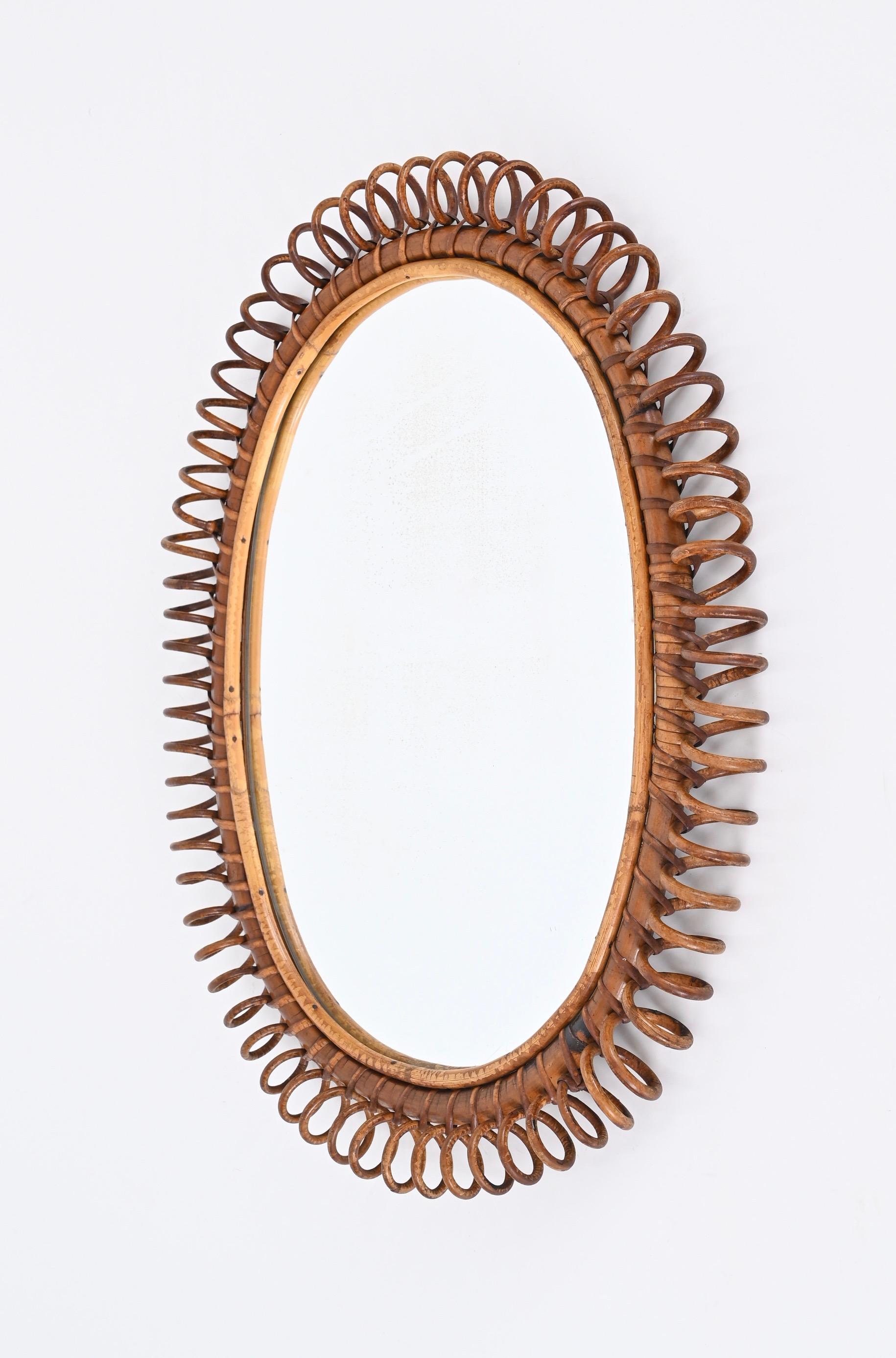 Mid-Century Modern Midcentury French Riviera Spiral Rattan and Bamboo Oval Mirror, Italy 1960s
