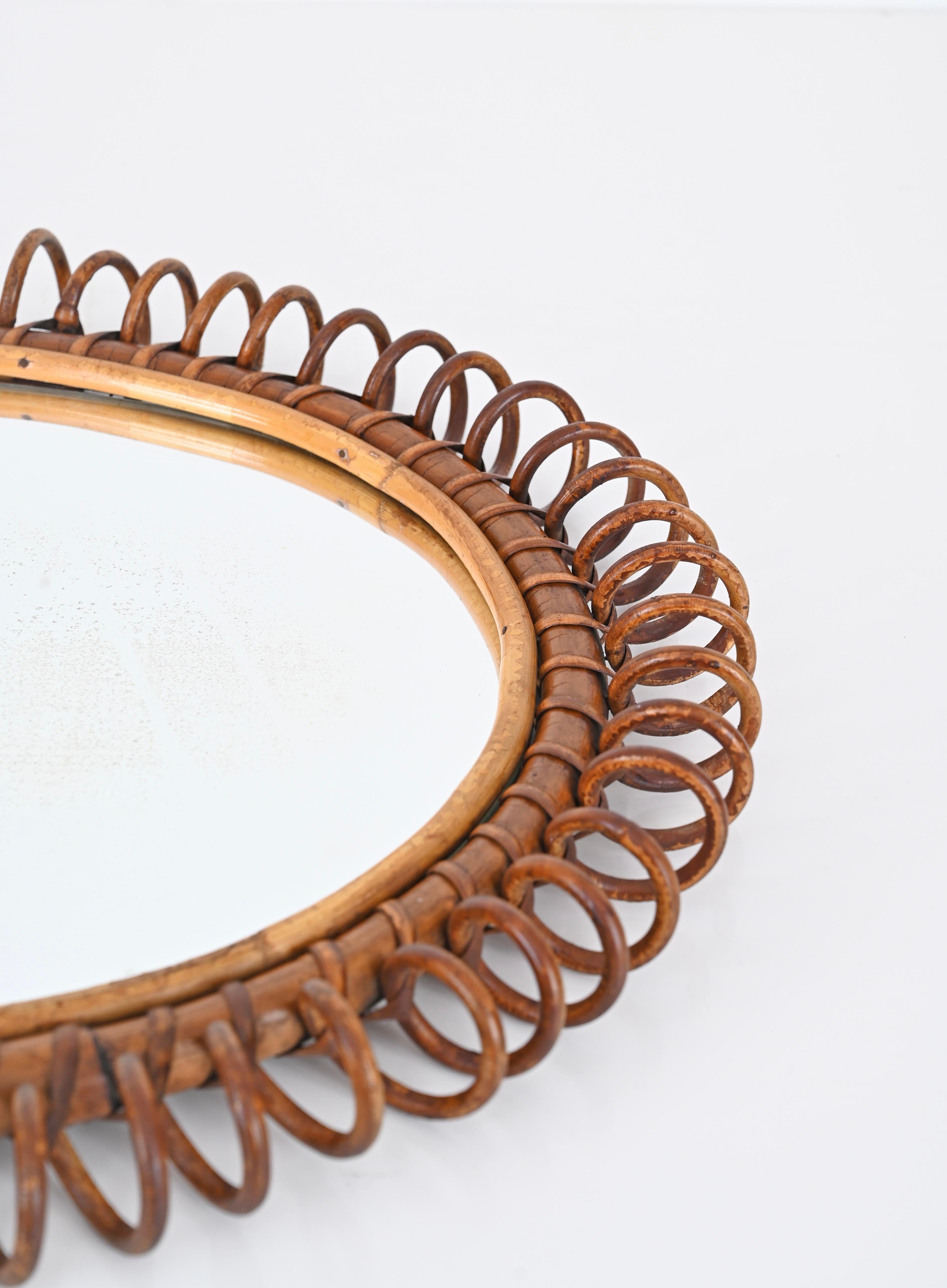 Mid-20th Century Midcentury French Riviera Spiral Rattan and Bamboo Oval Mirror, Italy 1960s