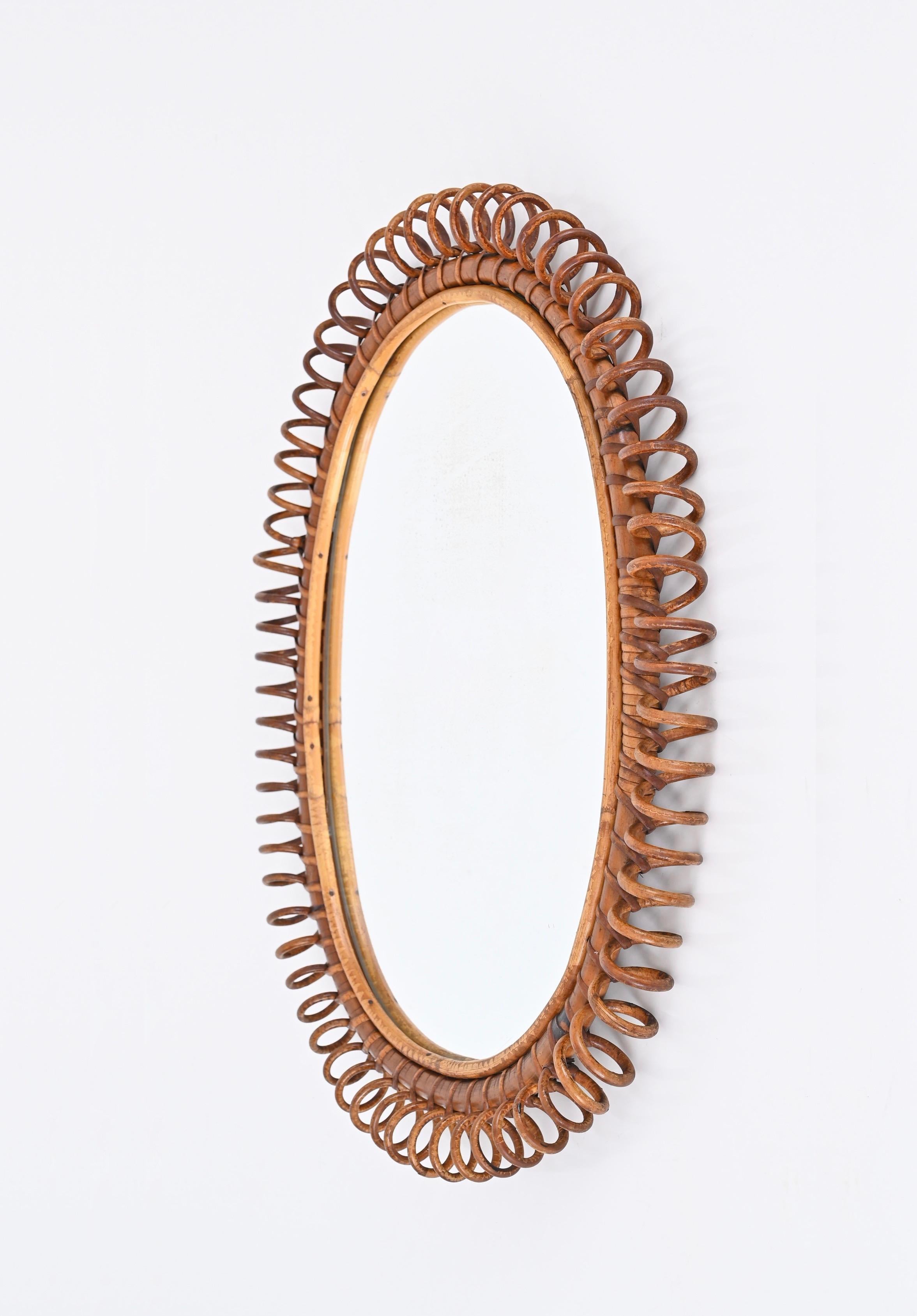 Midcentury French Riviera Spiral Rattan and Bamboo Oval Mirror, Italy 1960s 1