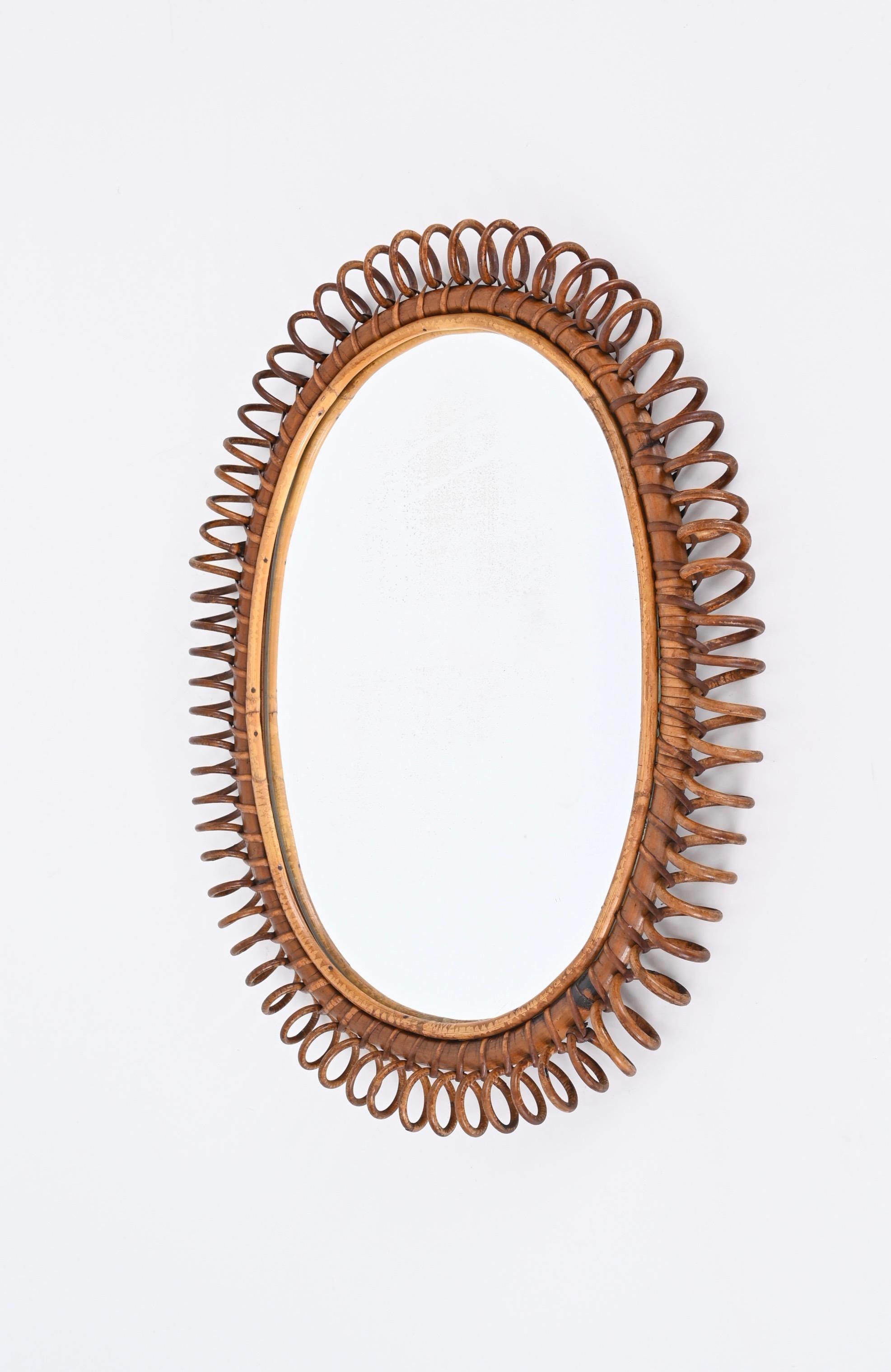 Midcentury French Riviera Spiral Rattan and Bamboo Oval Mirror, Italy 1960s 2