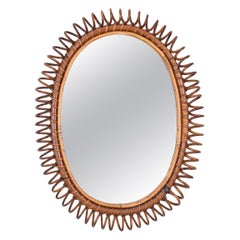 Midcentury French Riviera Spiral Rattan and Bamboo Oval Mirror, Italy 1960s