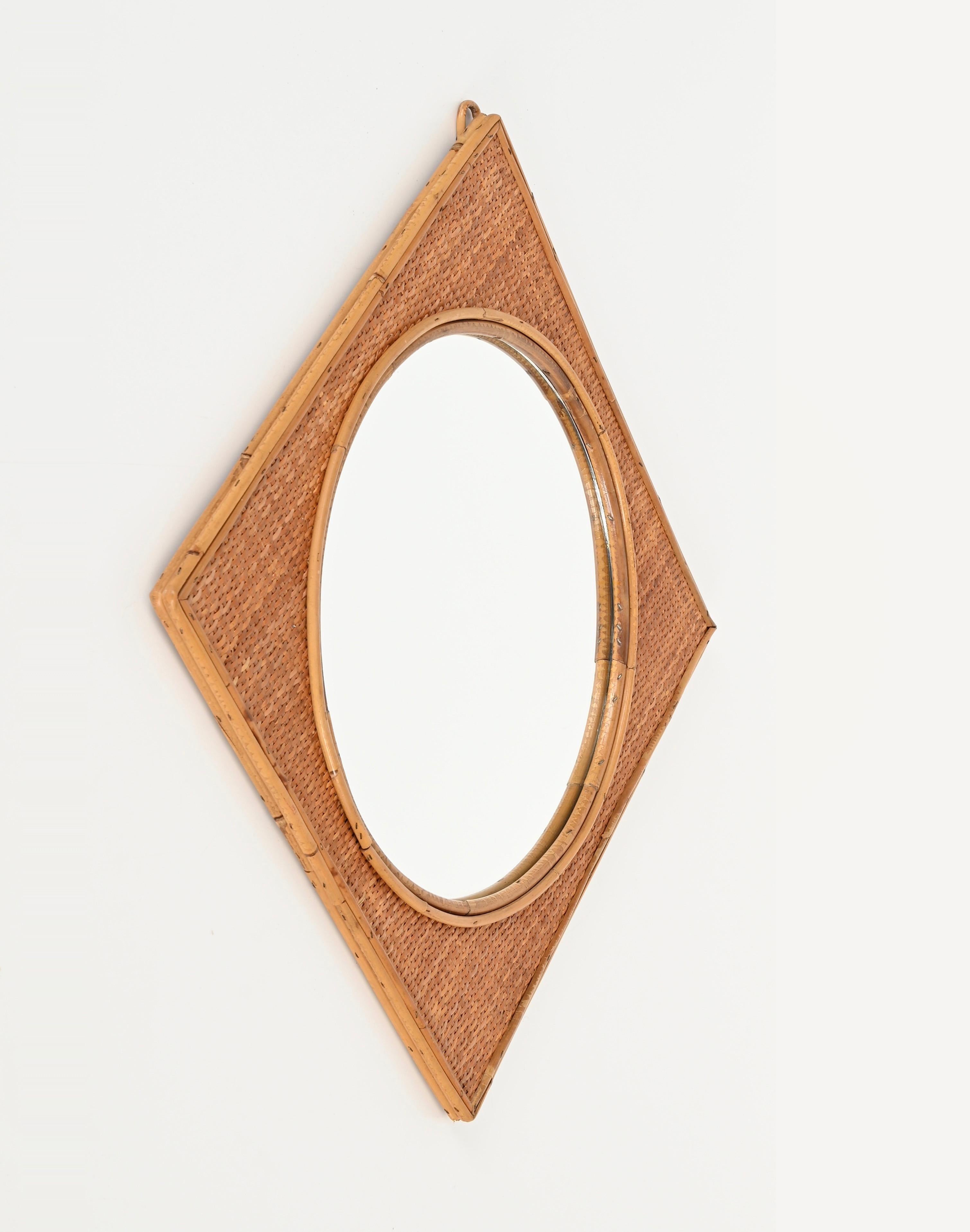 Midcentury French Riviera Square Mirror in Bamboo and Woven Rattan, Italy 1970s For Sale 3