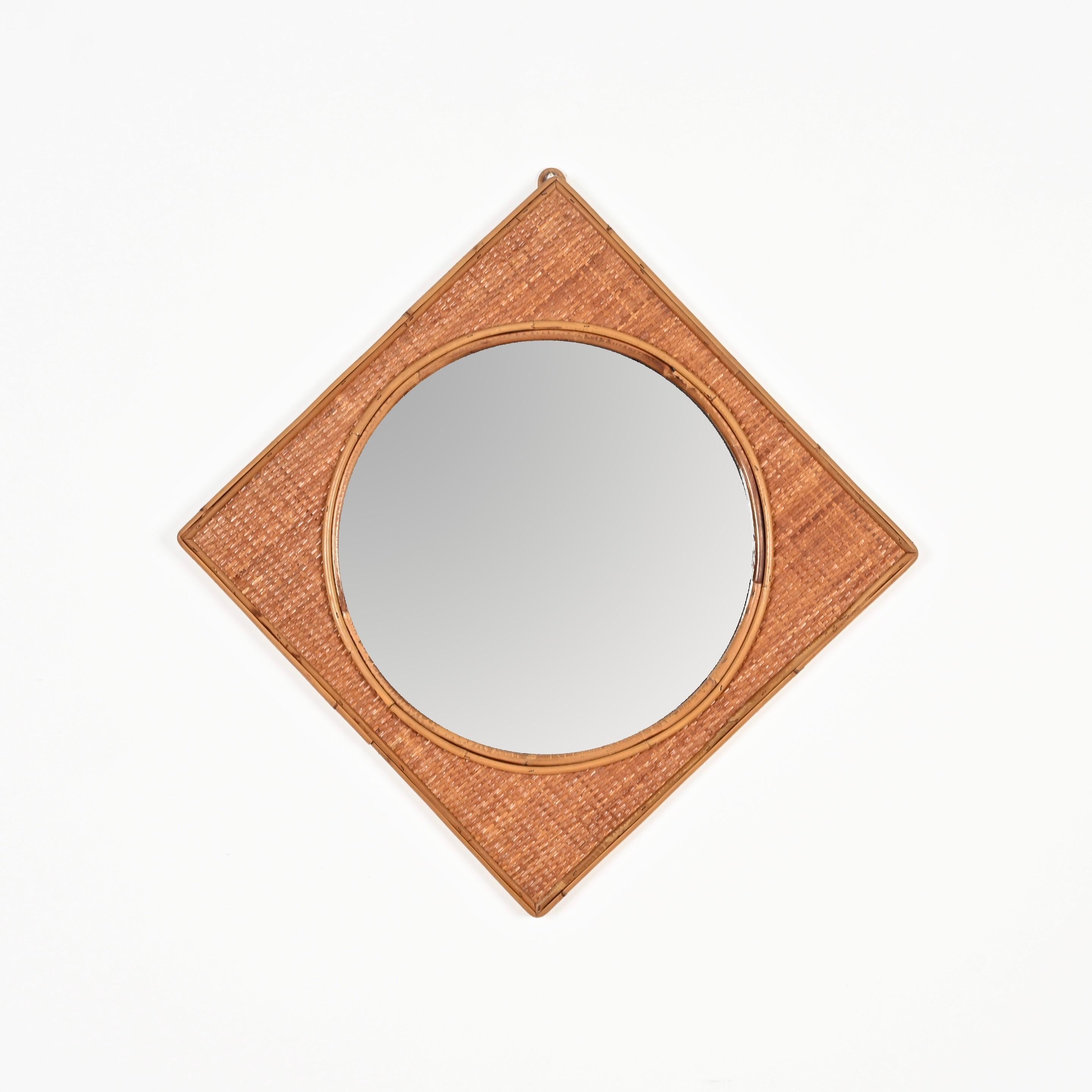 Midcentury French Riviera Square Mirror in Bamboo and Woven Rattan, Italy 1970s For Sale 4