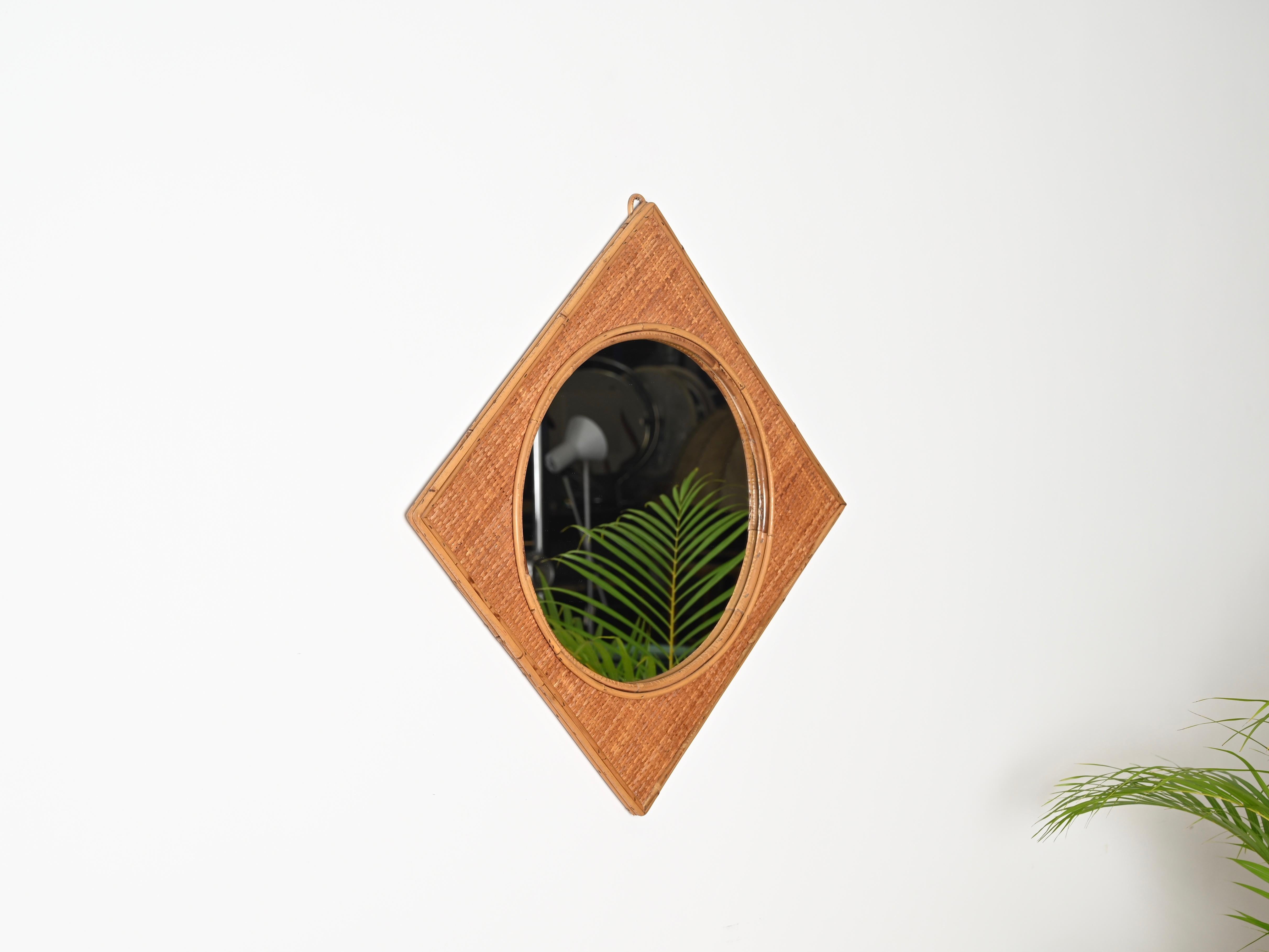 Midcentury French Riviera Square Mirror in Bamboo and Woven Rattan, Italy 1970s For Sale 5