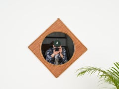 Specchio quadrato Midcentury French Riviera in bambù e rattan intrecciato, Italia anni '70