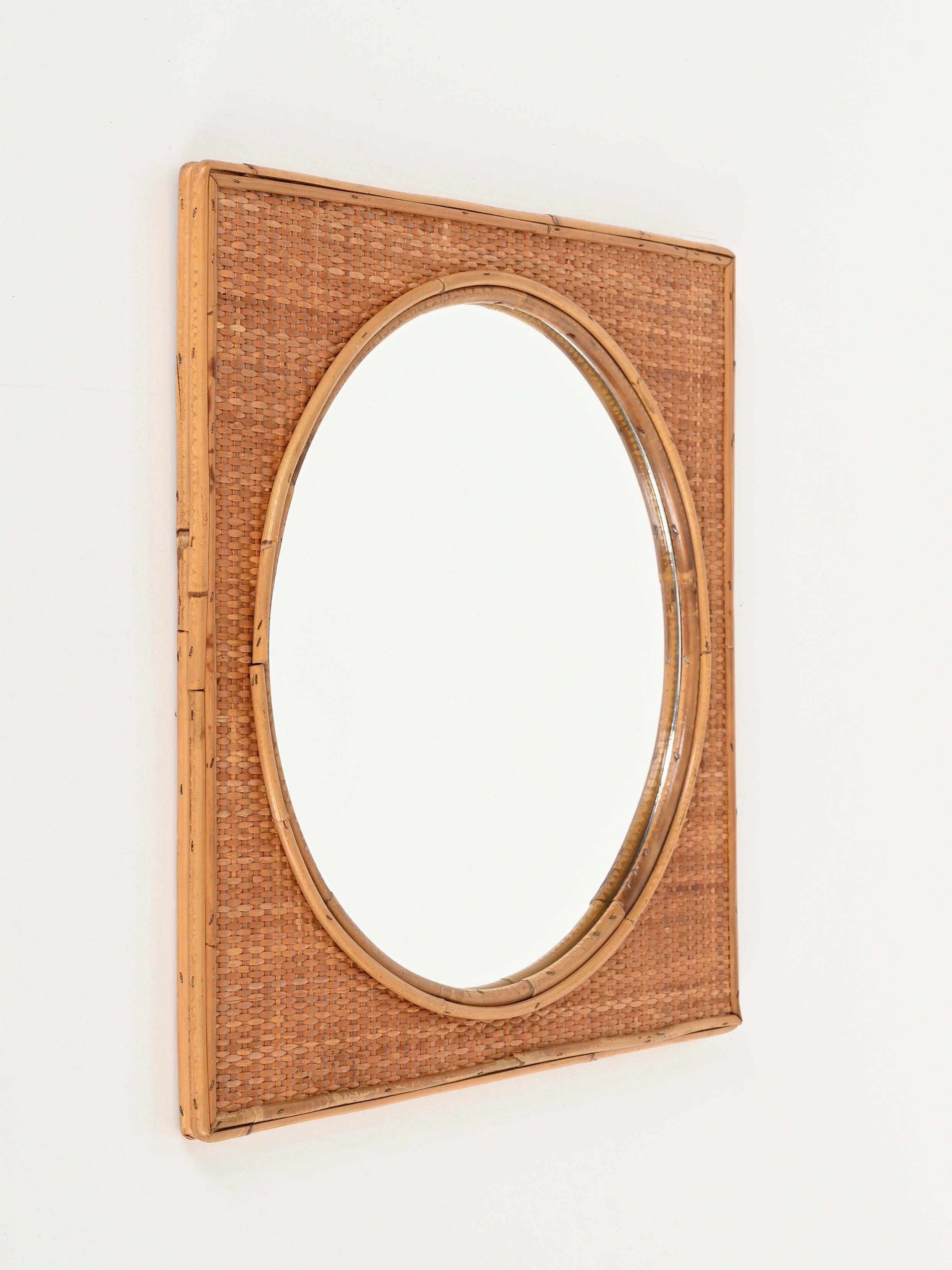 Mid-Century Modern Midcentury French Riviera Square Mirror in Bamboo and Woven Rattan, Italy 1970s For Sale