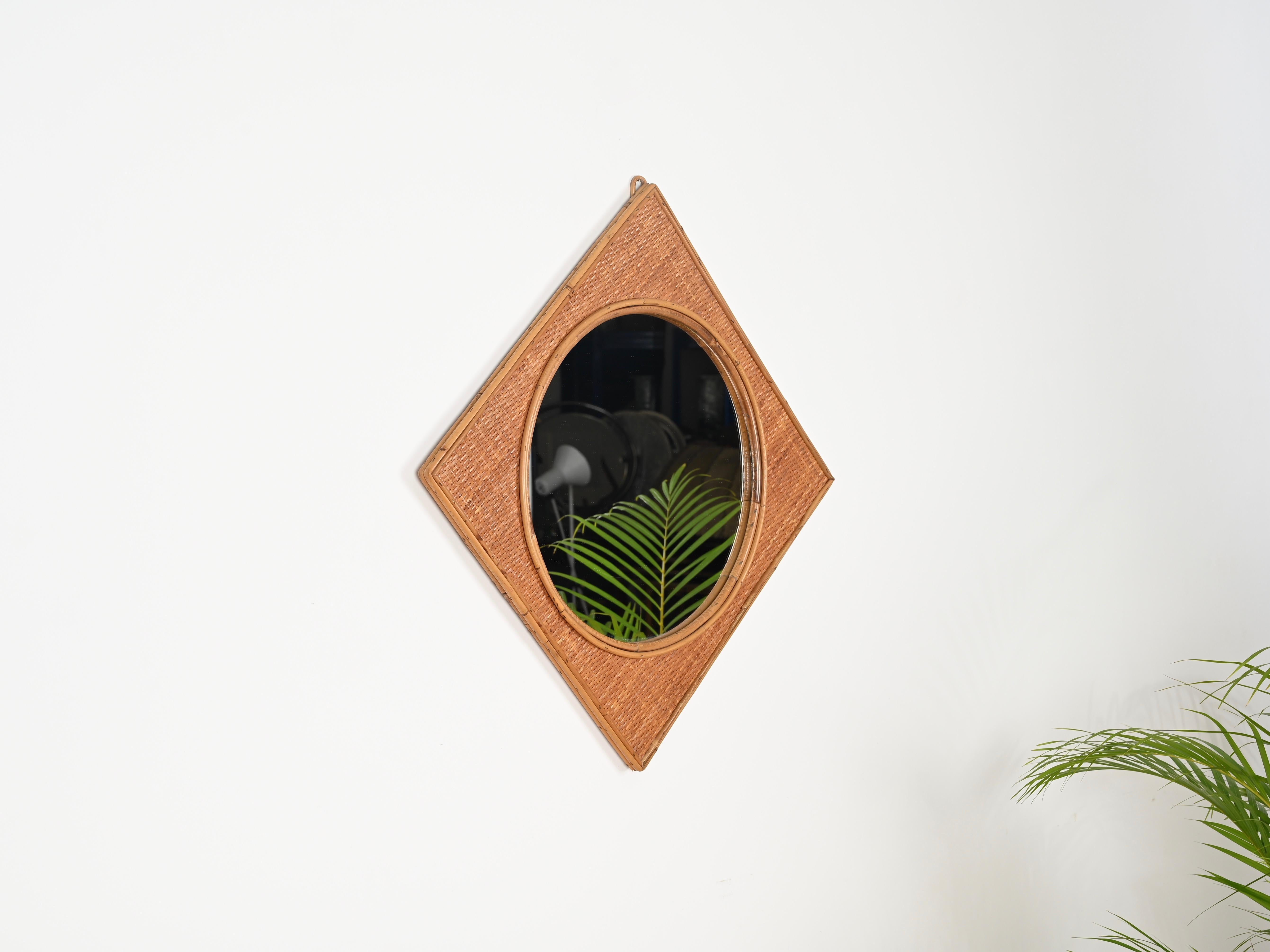 Hand-Crafted Midcentury French Riviera Square Mirror in Bamboo and Woven Rattan, Italy 1970s For Sale