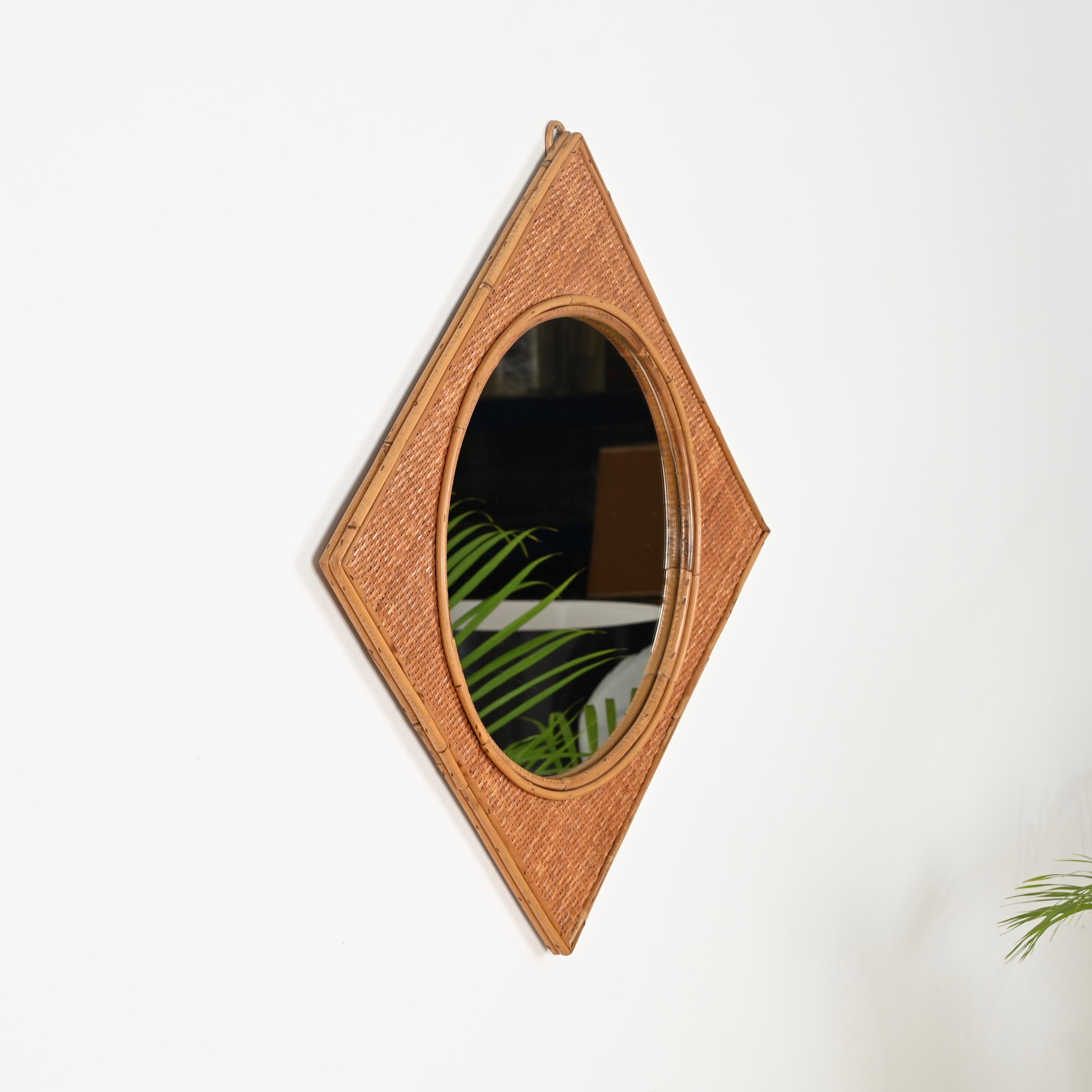 Midcentury French Riviera Square Mirror in Bamboo and Woven Rattan, Italy 1970s In Good Condition For Sale In Roma, IT