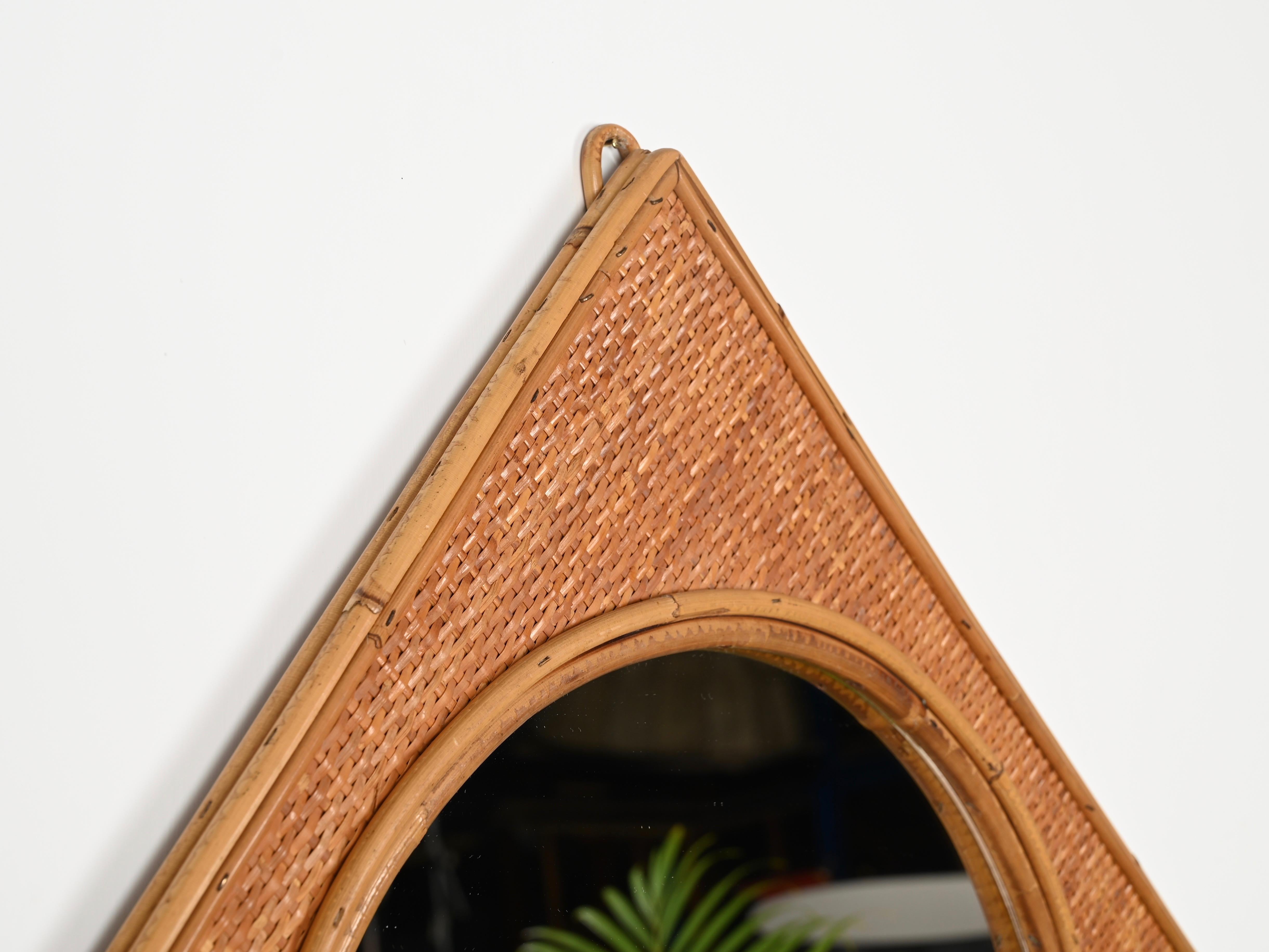 20th Century Midcentury French Riviera Square Mirror in Bamboo and Woven Rattan, Italy 1970s For Sale