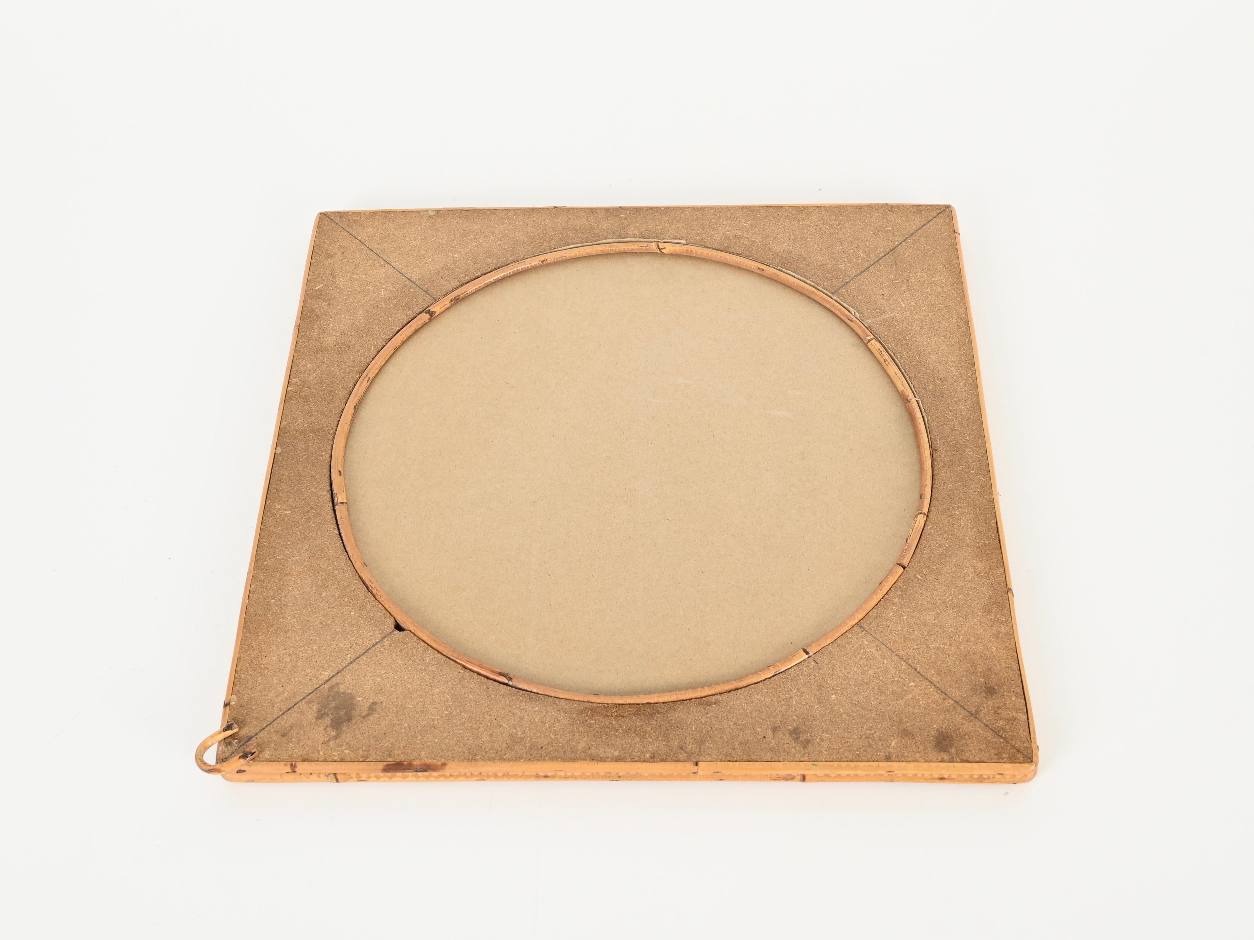 Midcentury French Riviera Square Mirror in Bamboo and Woven Rattan, Italy 1970s For Sale 1