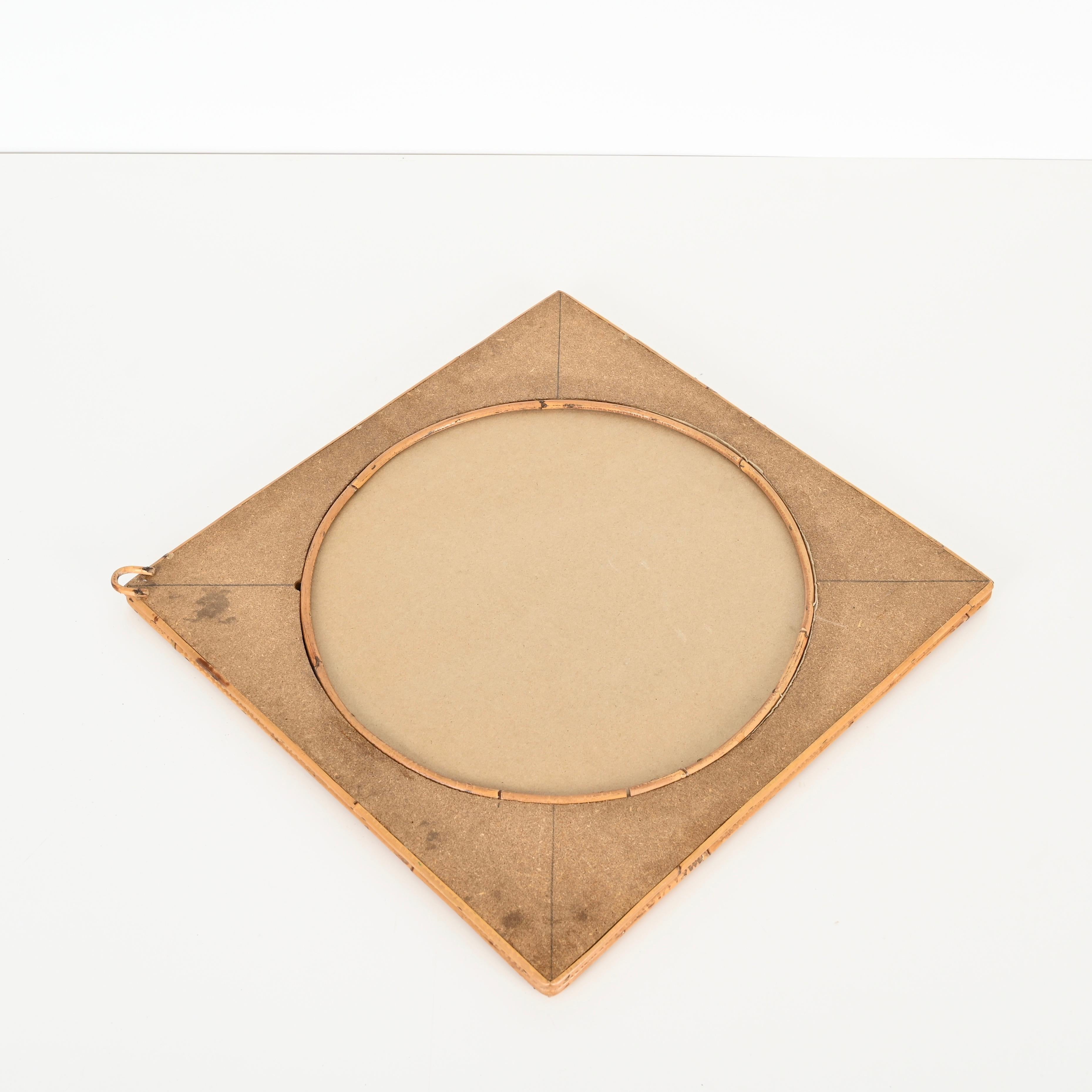 Midcentury French Riviera Square Mirror in Bamboo and Woven Rattan, Italy 1970s For Sale 2