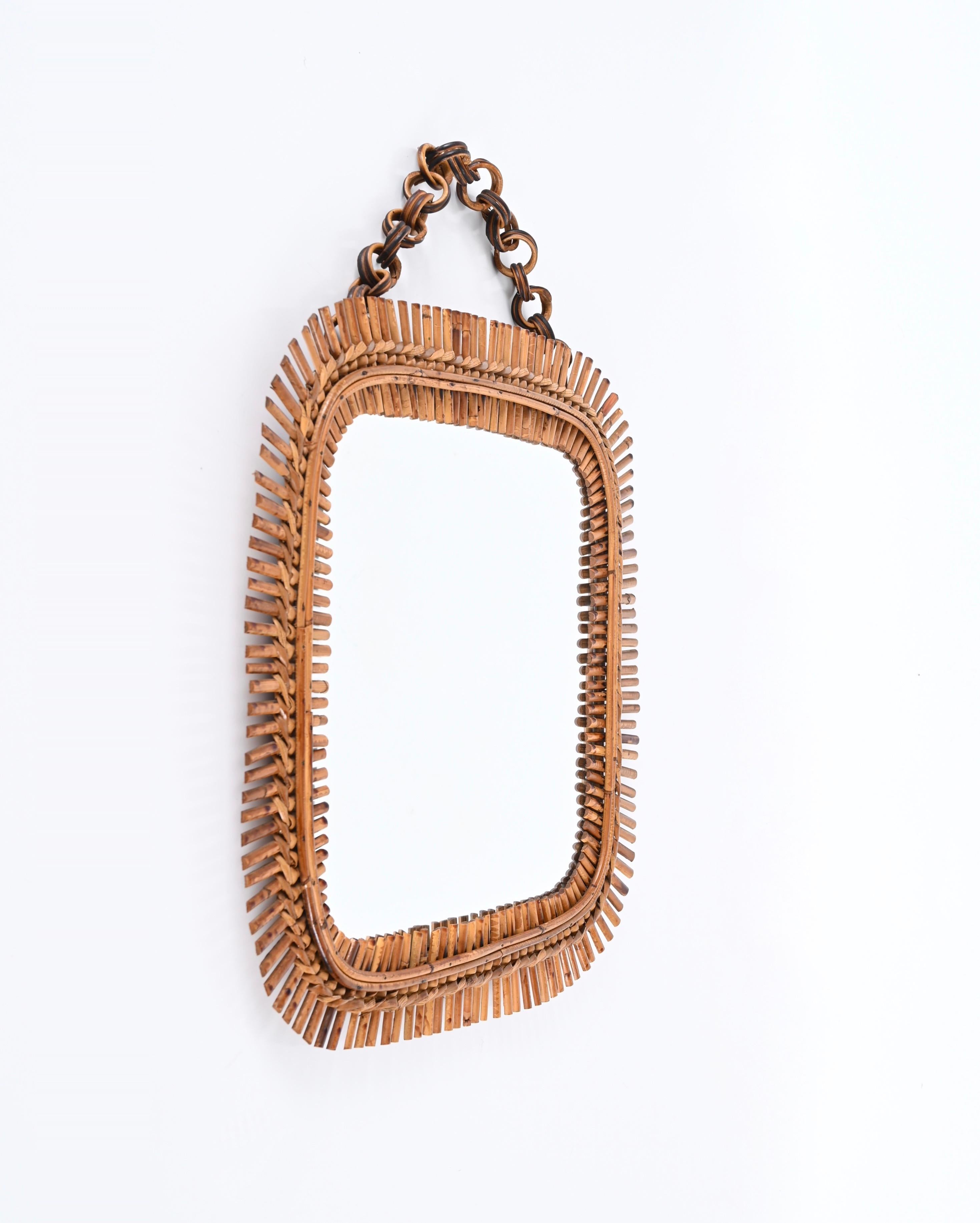 Italian Midcentury French Riviera Square Wall Mirror in Bamboo and Rattan, Italy 1960s For Sale
