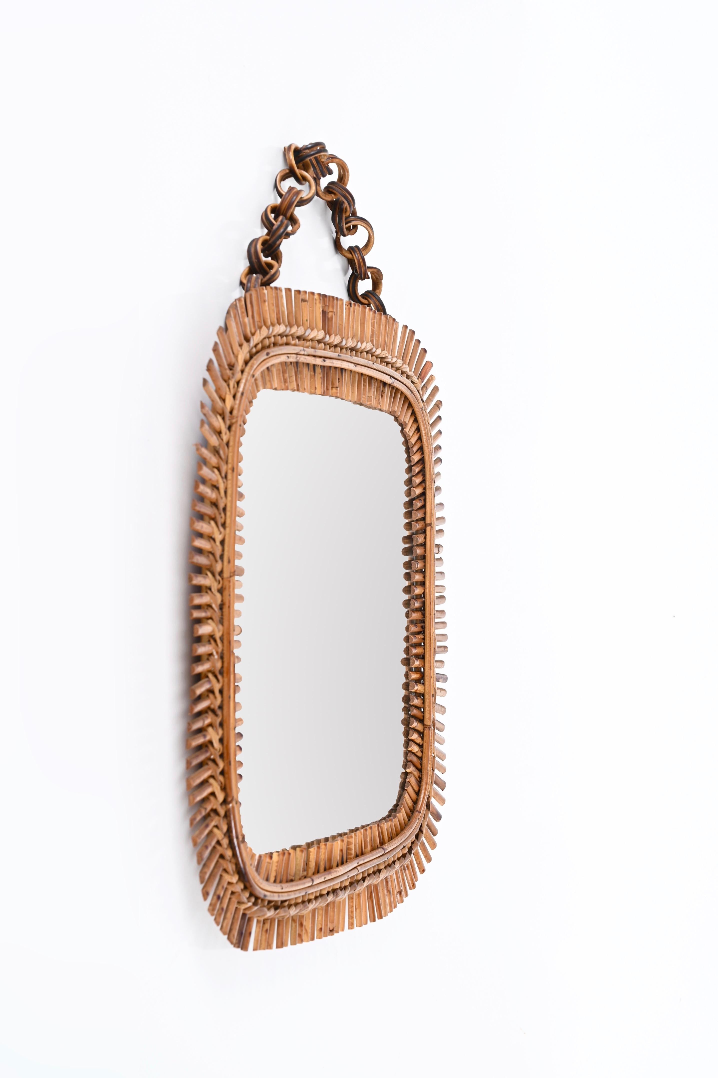 Hand-Woven Midcentury French Riviera Square Wall Mirror in Bamboo and Rattan, Italy 1960s For Sale