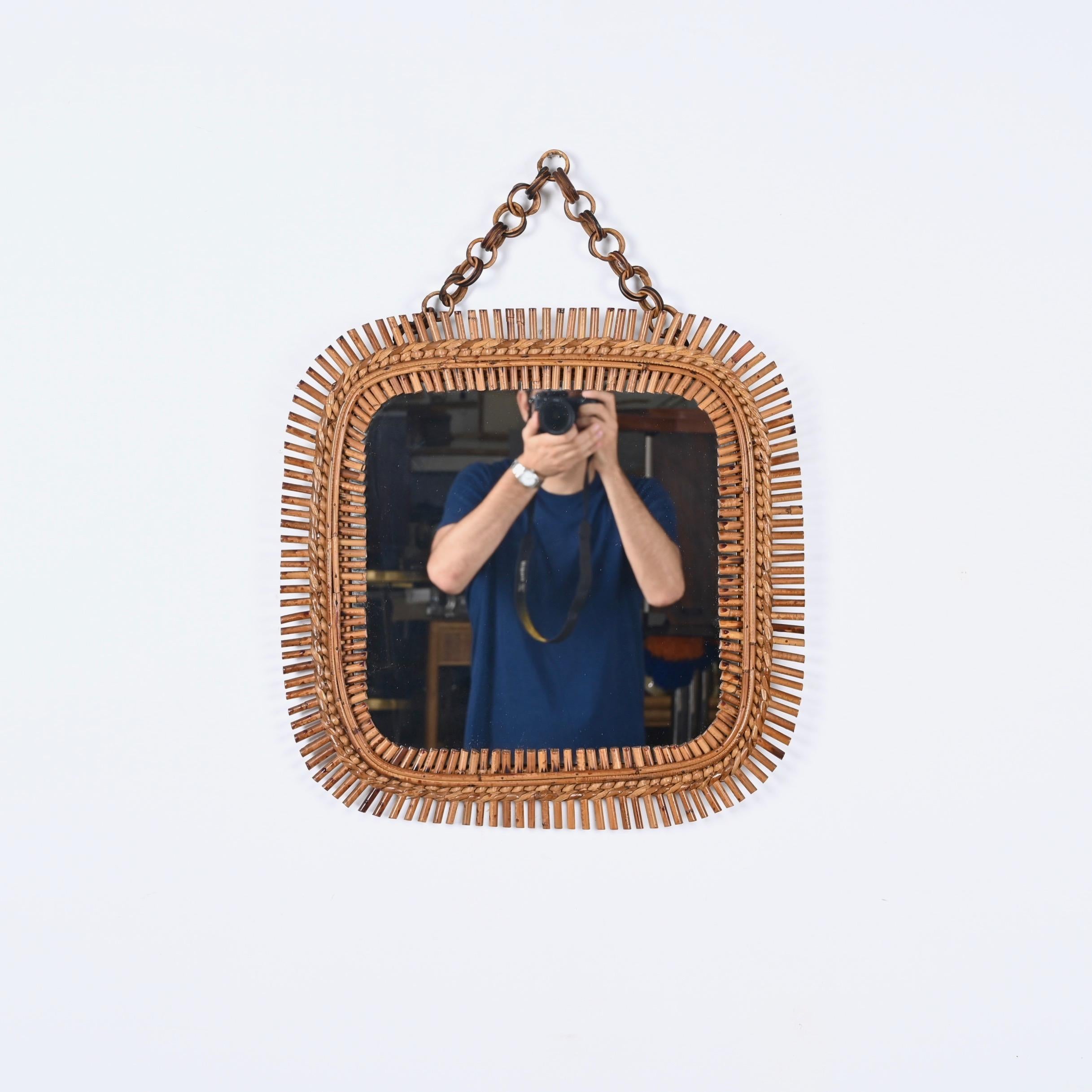 Midcentury French Riviera Square Wall Mirror in Bamboo and Rattan, Italy 1960s For Sale 1