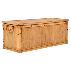 Midcentury French Riviera Storage Chest / Bench in Bamboo and Wicker, Italy 1970
