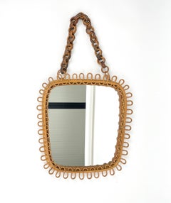 Midcentury French Riviera Wall Mirror Rattan & Bamboo, Italy 1960s