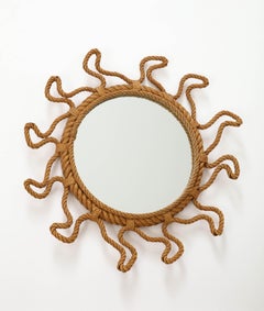 Midcentury French Rope Sunburst Mirror by Audoux Minet, 1960s
